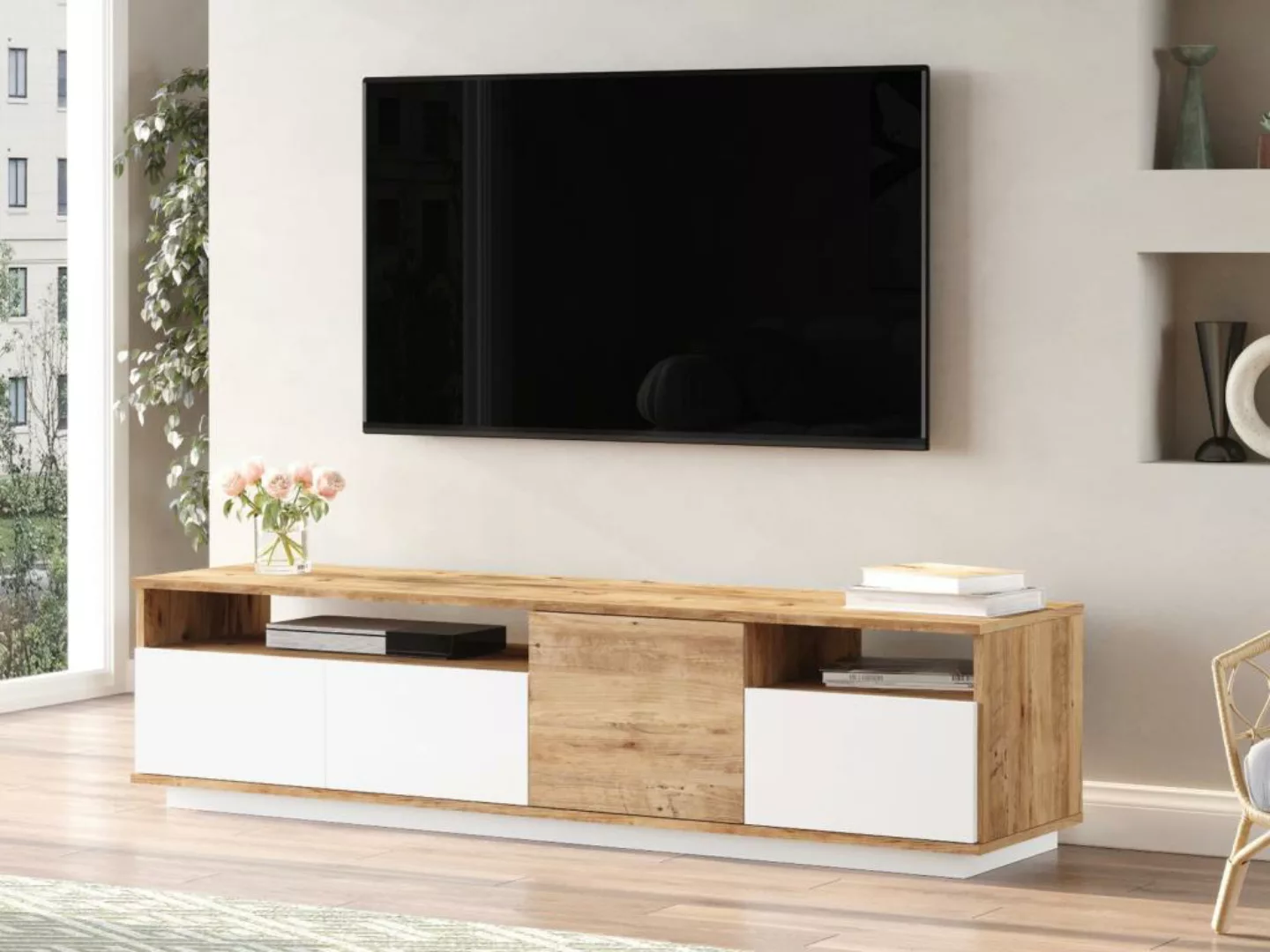 TV-Möbel mit 4 Türen & 2 Regalen - Holzfarben hell & Weiß - CEDONA günstig online kaufen