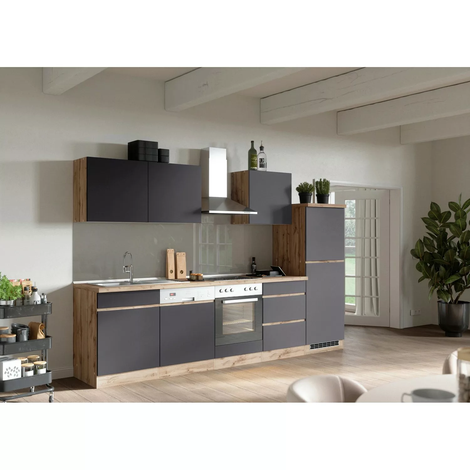 Held Möbel Küchenzeile Turin 300 cm Graphit-Wotaneiche mit E-Geräten günstig online kaufen