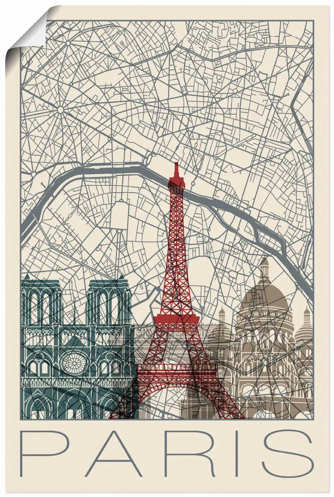 Artland Wandbild »Retro Karte Paris Frankreich und Skyline«, Frankreich, (1 günstig online kaufen