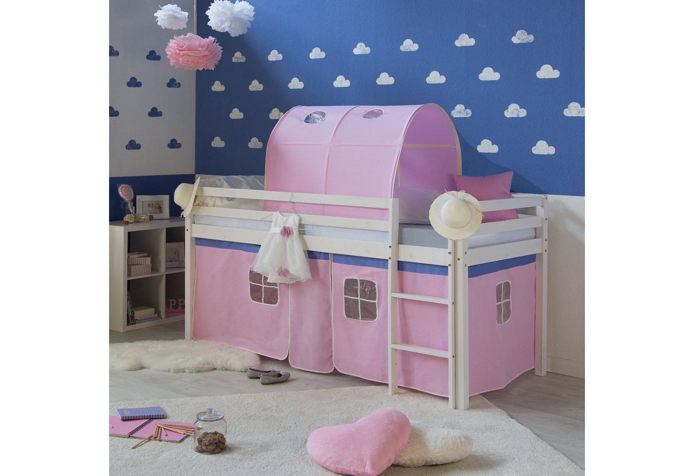 Homestyle4u Hochbett Kinderbett mit Leiter und Vorhang Weiß Rosa Holz Kiefe günstig online kaufen