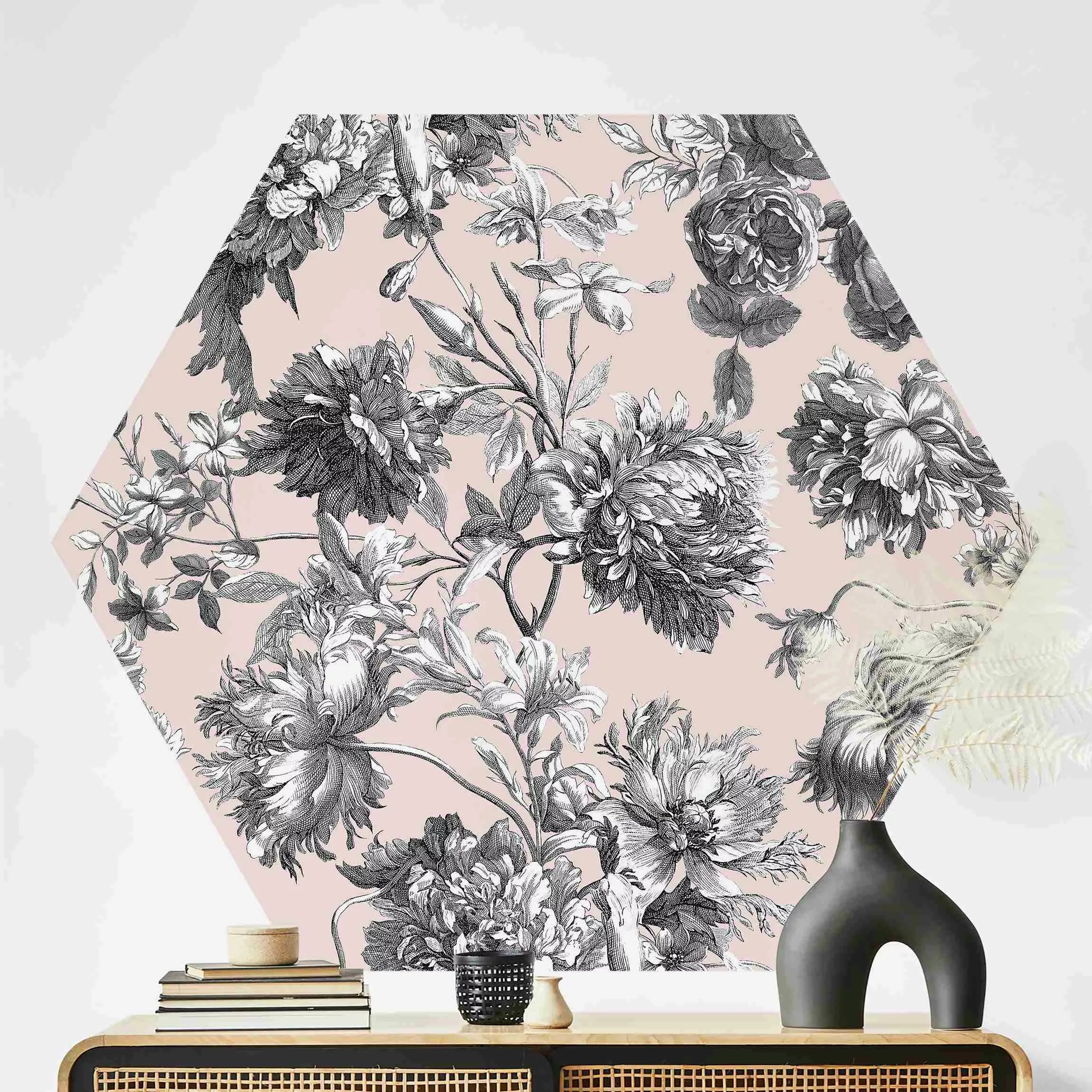 Hexagon Tapete selbstklebend Floraler Kupferstich Graubeige günstig online kaufen