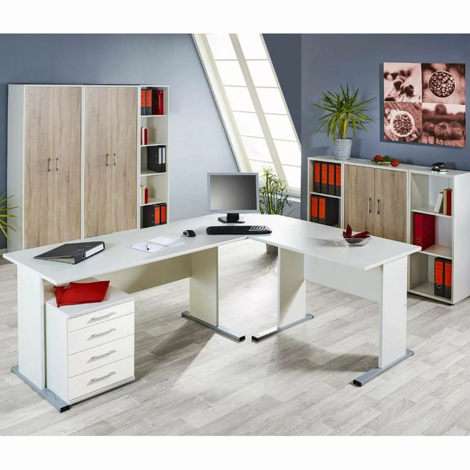 Büromöbel Set STETTIN-16 weiß, Sonoma Eiche, Eck-Schreibtisch mit Container günstig online kaufen