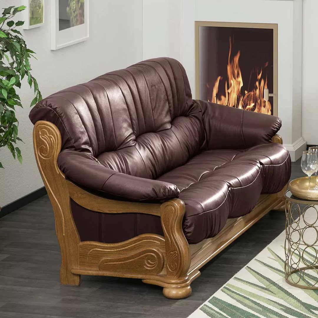 Sofa Eiche Leder Bordeaux im rustikalen Stil 205 cm breit günstig online kaufen