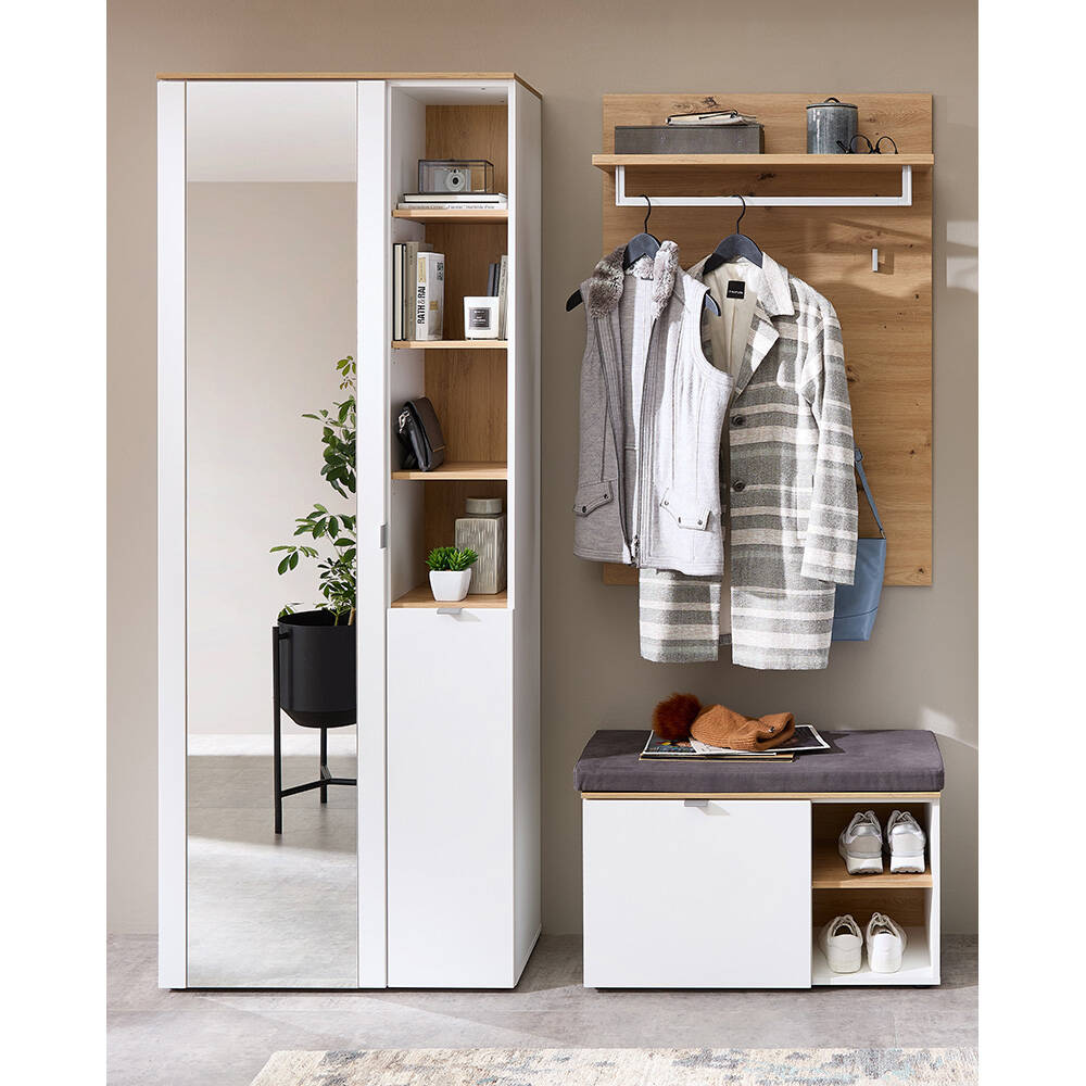 Garderoben Set modern 3-teilig weiß matt mit Eiche BLISS-36, inkl. Sitzpols günstig online kaufen