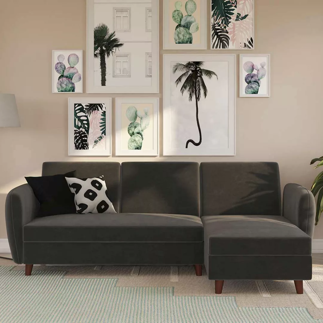 Ausklappbares Sofa Samt grau 221 cm breit 153 cm tief günstig online kaufen