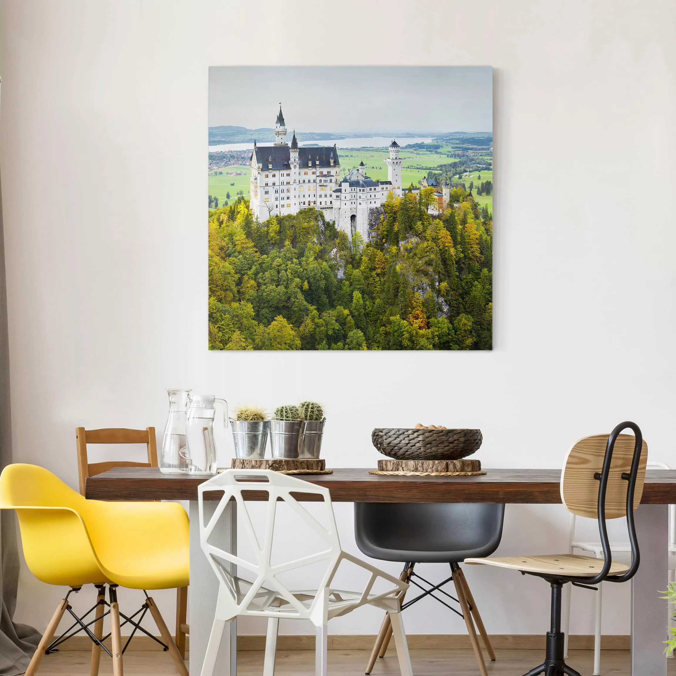 Leinwandbild Architektur & Skyline - Quadrat Schloss Neuschwanstein Panoram günstig online kaufen
