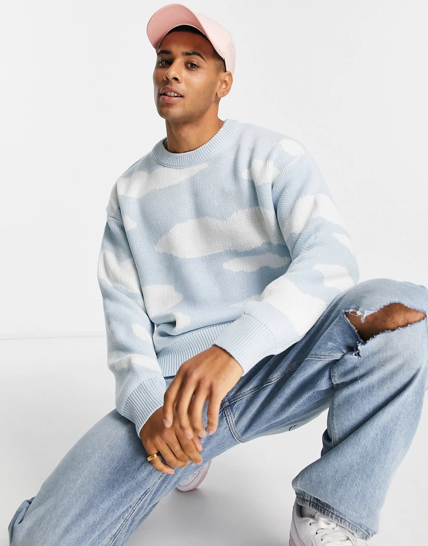 Jack & Jones – Strickpullover in Hellblau mit Jacquard-Wolkenmuster günstig online kaufen