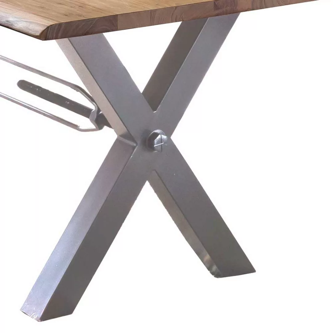 Esszimmertisch mit Baumkante in Akaziefarben und Weiß Metall Gestell günstig online kaufen