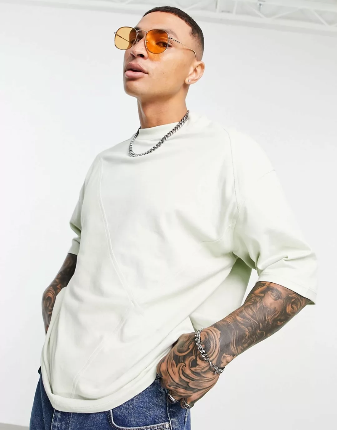 ASOS DESIGN – Oversize-T-Shirt aus Pikee in Hellgrün mit Patchwork-Design u günstig online kaufen