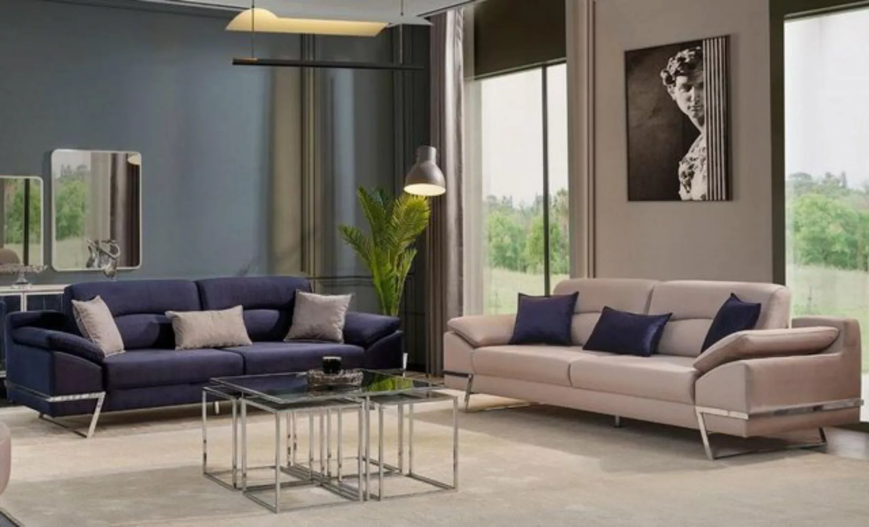 JVmoebel Sofa, Dreisitzer Garnitur Sofagarnitur 33 Sitzer Stoff Luxus Blau günstig online kaufen