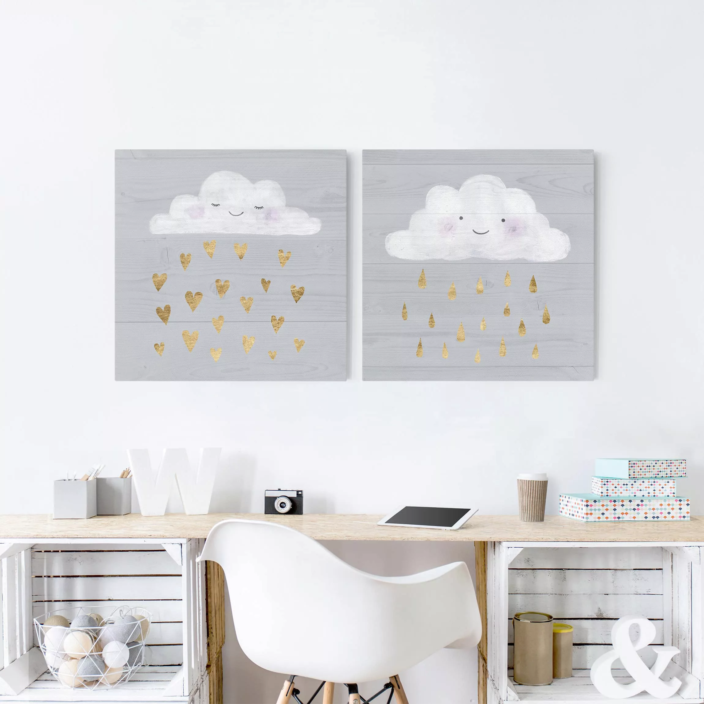 2-teiliges Leinwandbild Kinderzimmer - Quadrat Wolken mit goldenen Herzen u günstig online kaufen