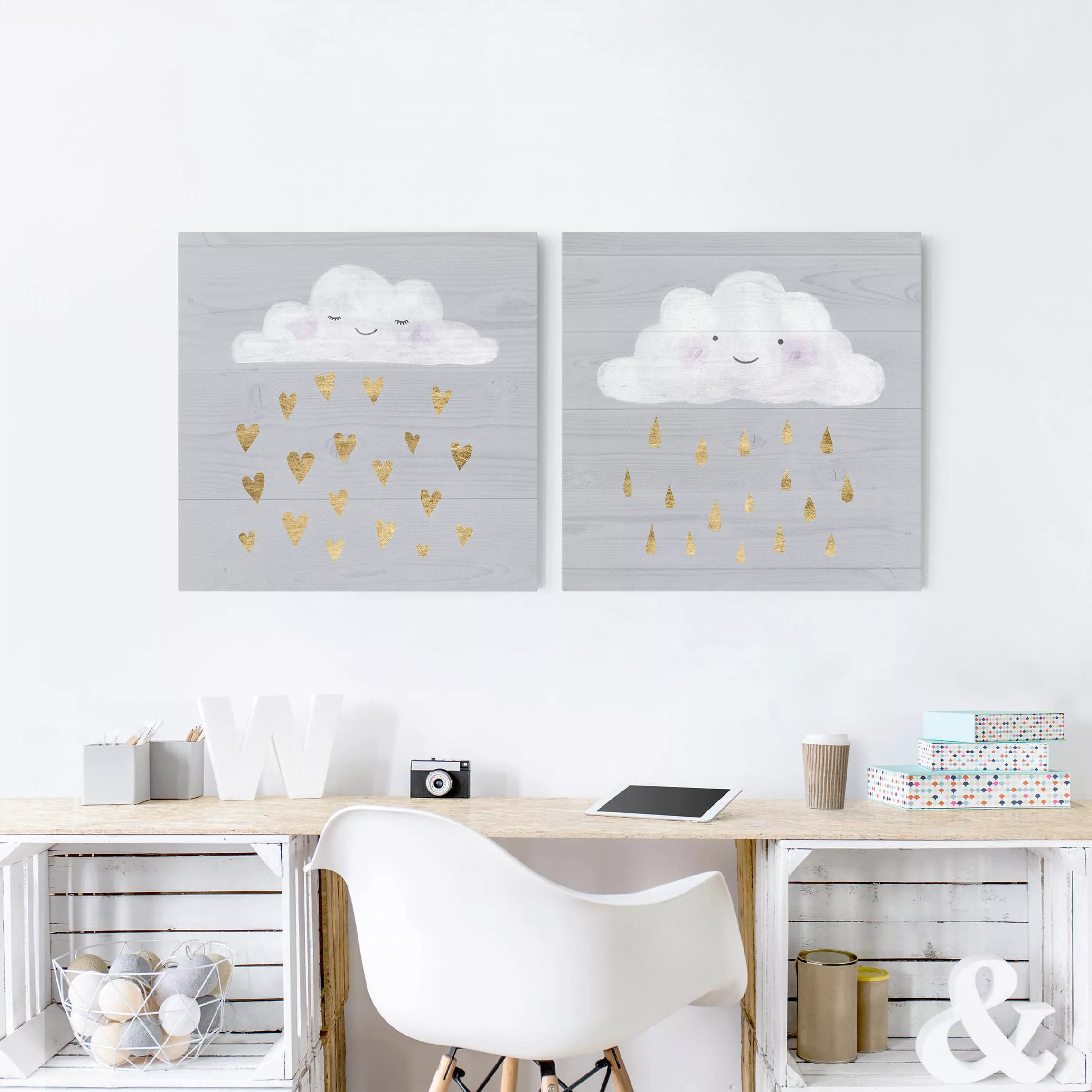 2-teiliges Leinwandbild - Quadrat Wolken mit goldenen Herzen und Tropfen Se günstig online kaufen