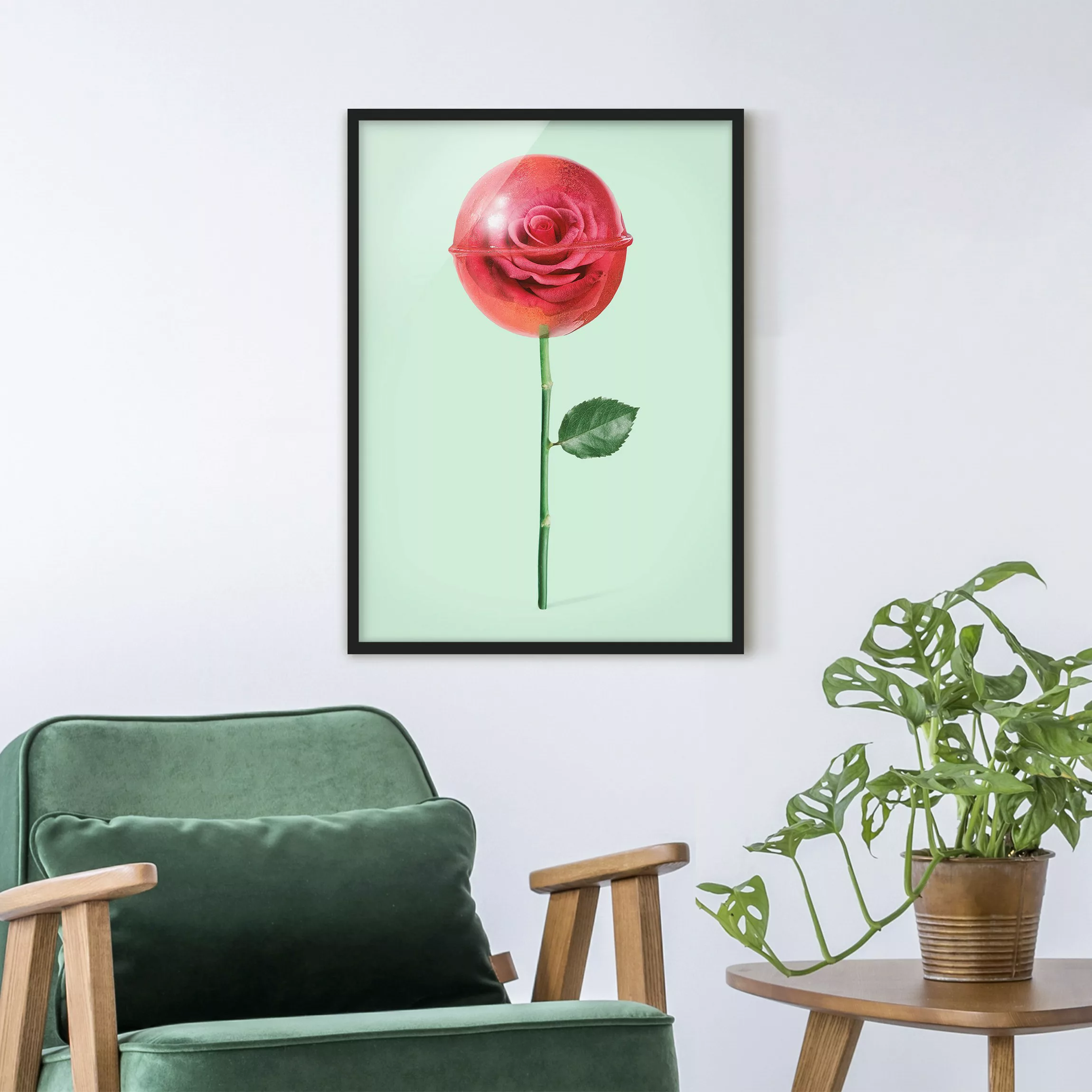 Bild mit Rahmen Blumen - Hochformat Rose mit Lollipop günstig online kaufen