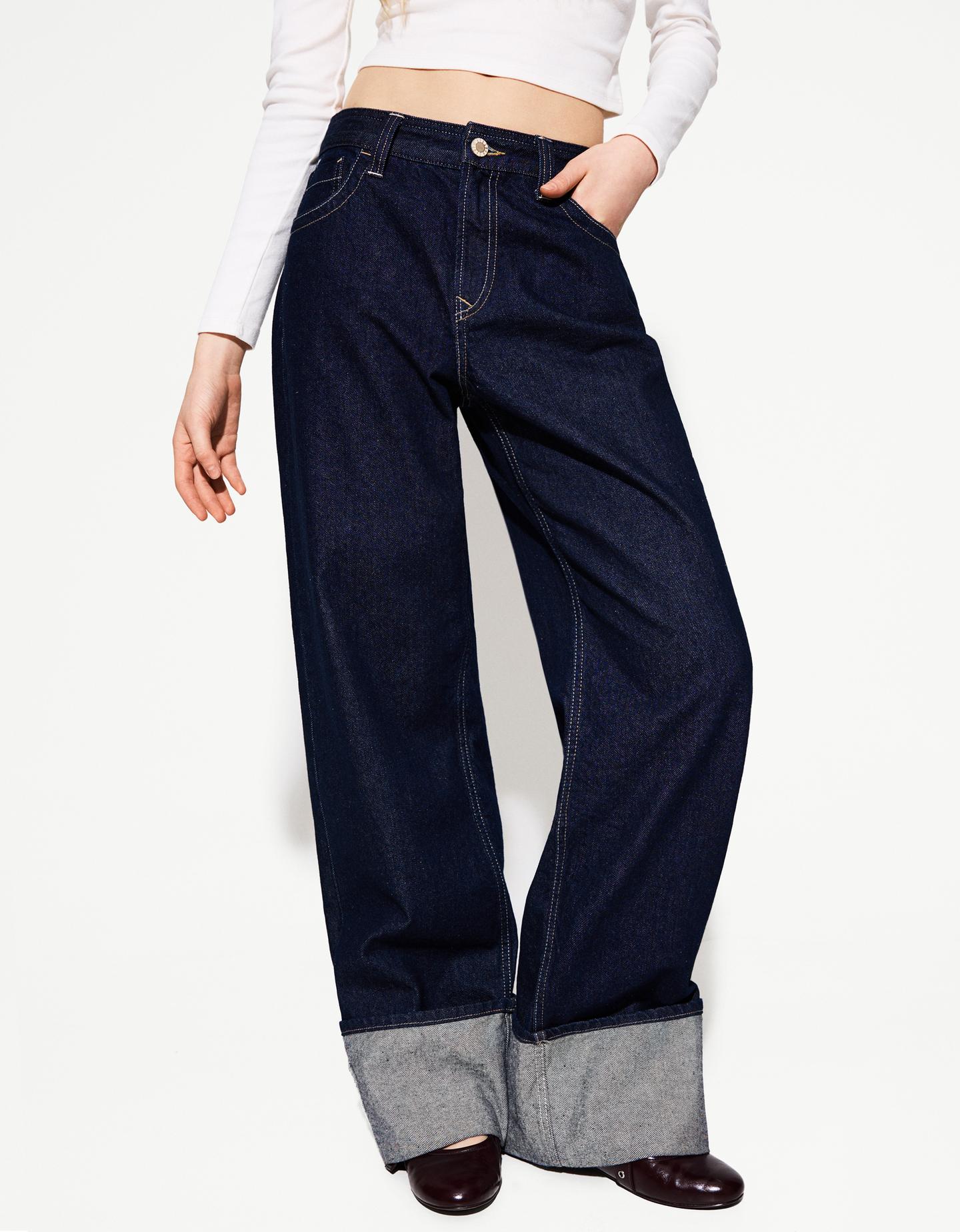 Bershka Wide-Leg-90'S-Jeans Mit Umgeschlagenem Saum Damen 10-12 Marinenblau günstig online kaufen