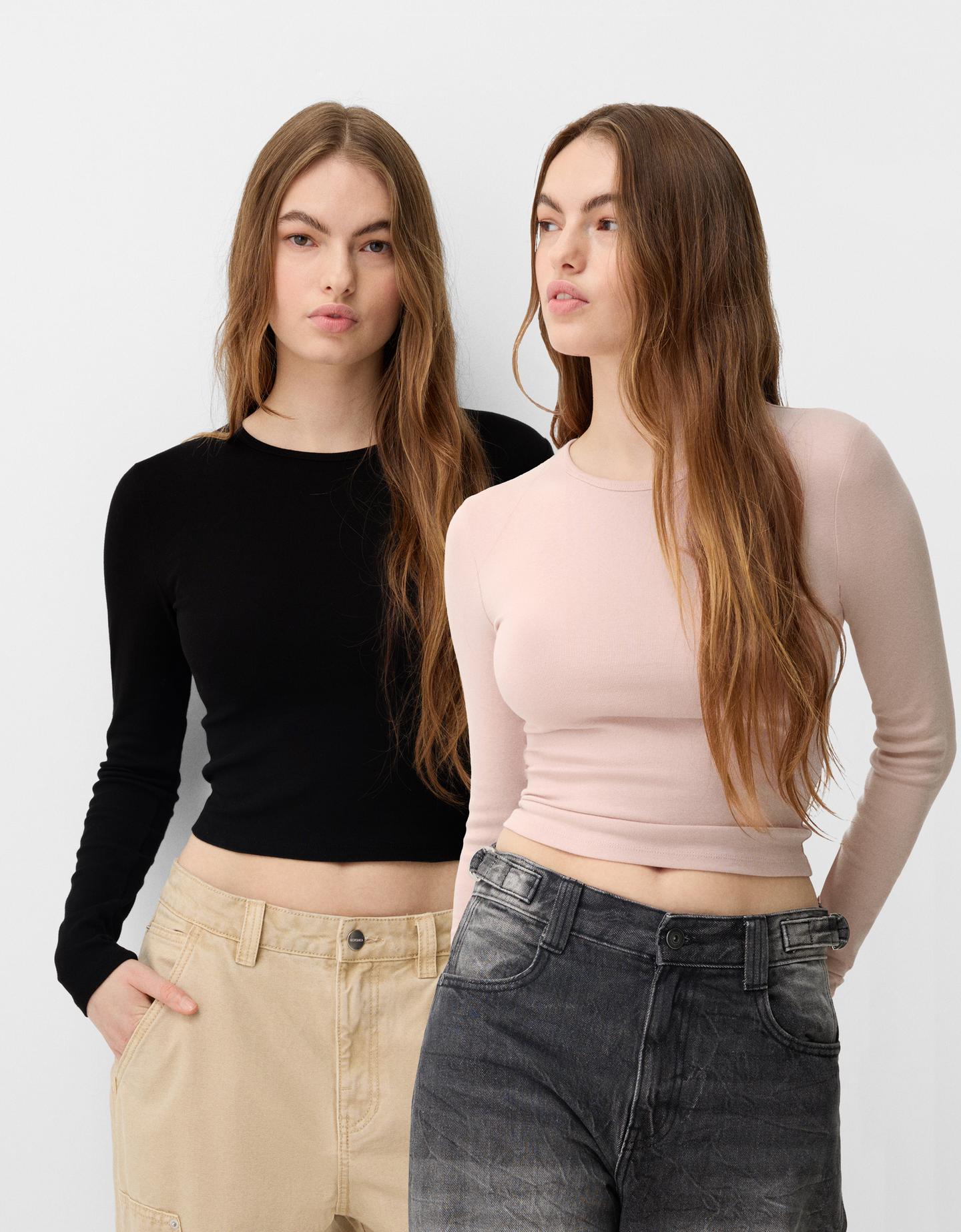 Bershka 2er-Pack Langarmshirts Mit Langen Ärmeln Und Rundausschnitt Damen S günstig online kaufen