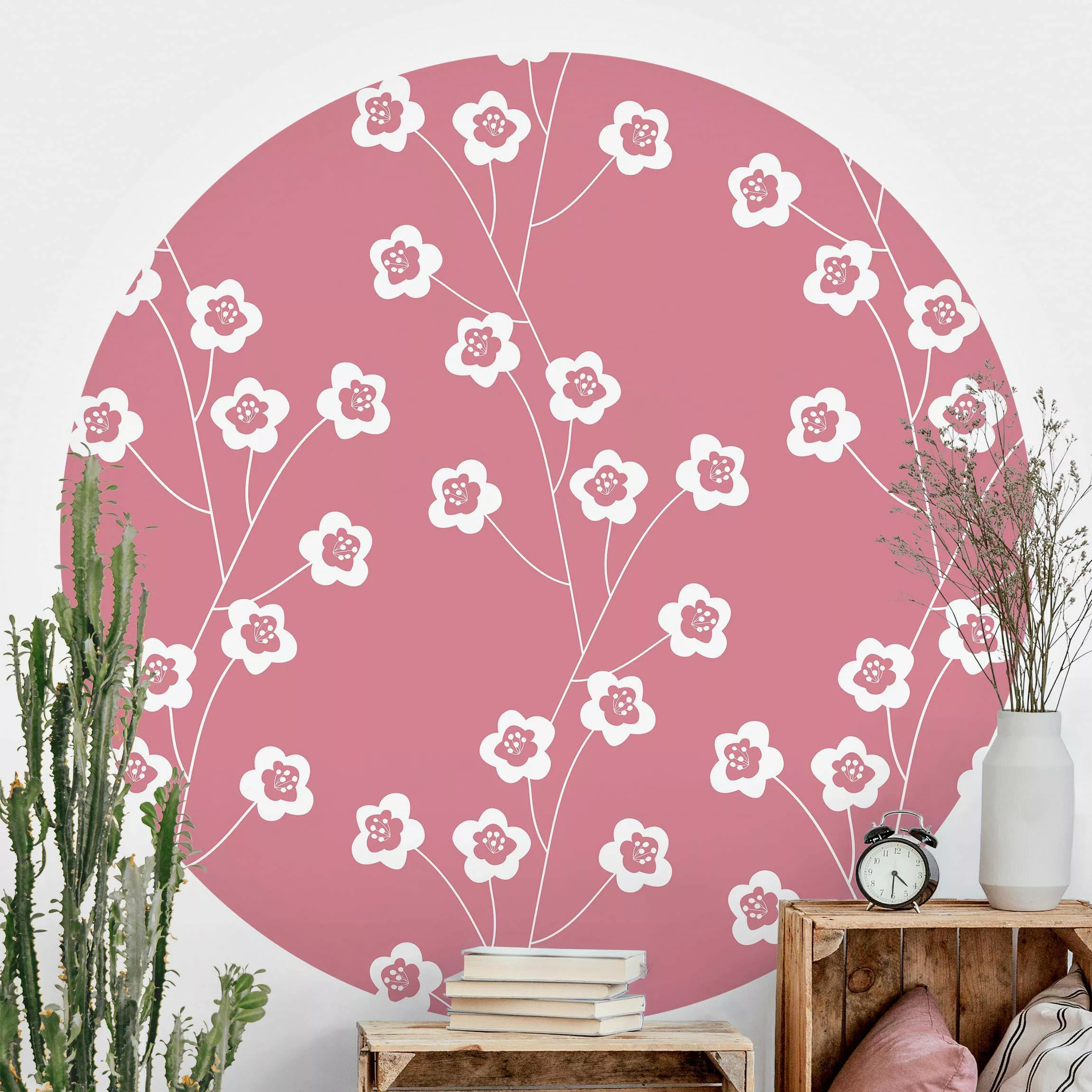 Runde Mustertapete selbstklebend Natürliches Muster zarte Blumen vor Rosa günstig online kaufen