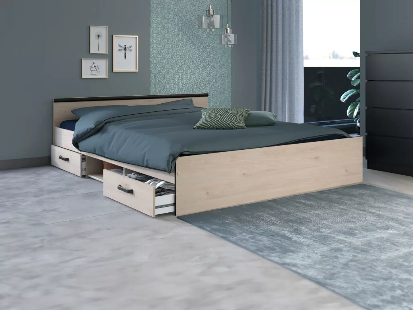 Bett mit Stauraum 160 x 200 cm - 2 Schubladen & 1 Ablagefach - Holzfarben + günstig online kaufen