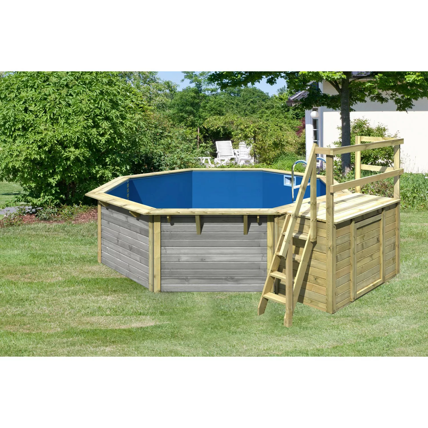 Karibu Pool X2 inkl. Terrasse Wassergrau Innenhülle Blau günstig online kaufen