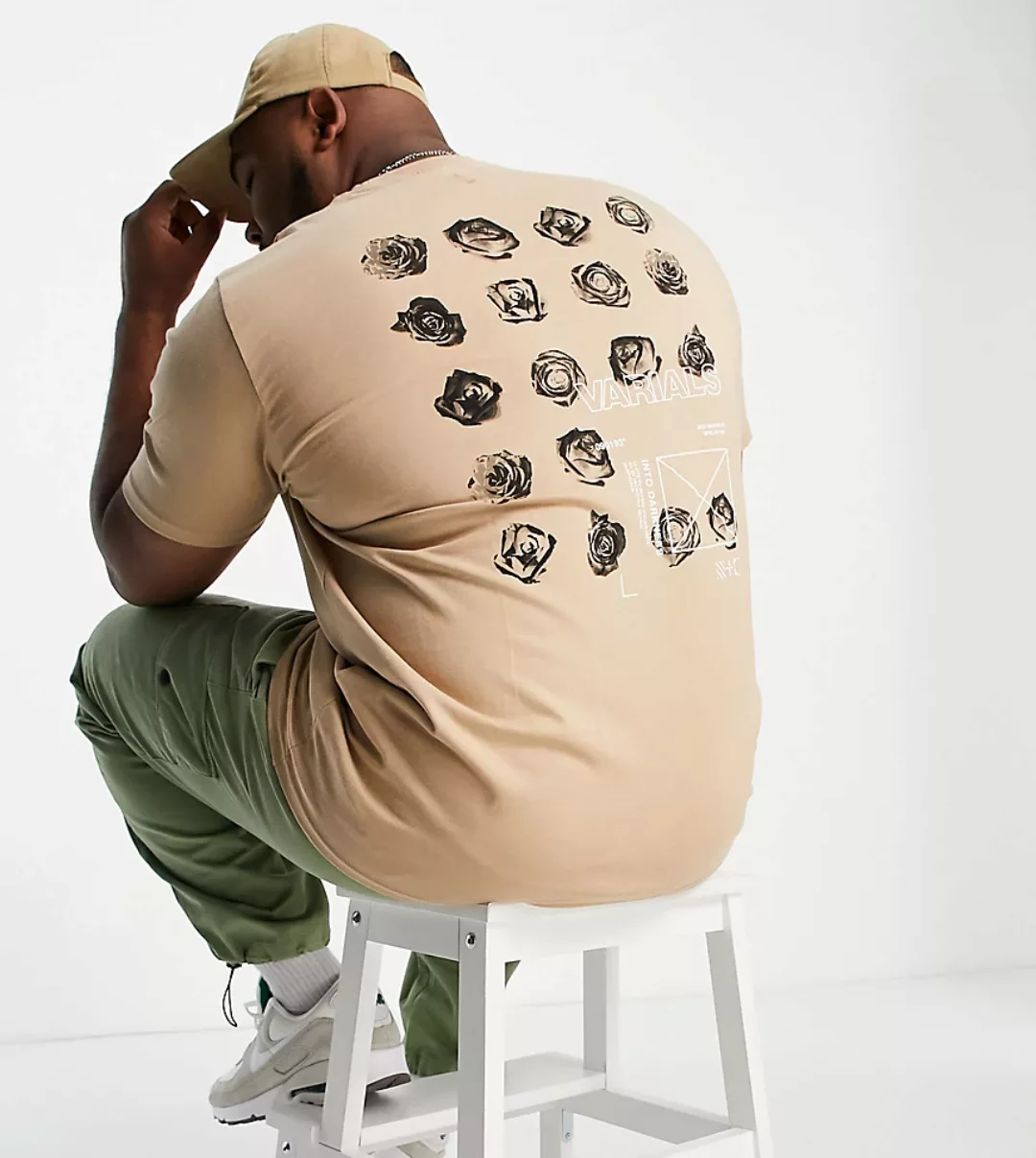 River Island Big & Tall – T-Shirt mit schmalem Schnitt in Stein mit Blumenm günstig online kaufen