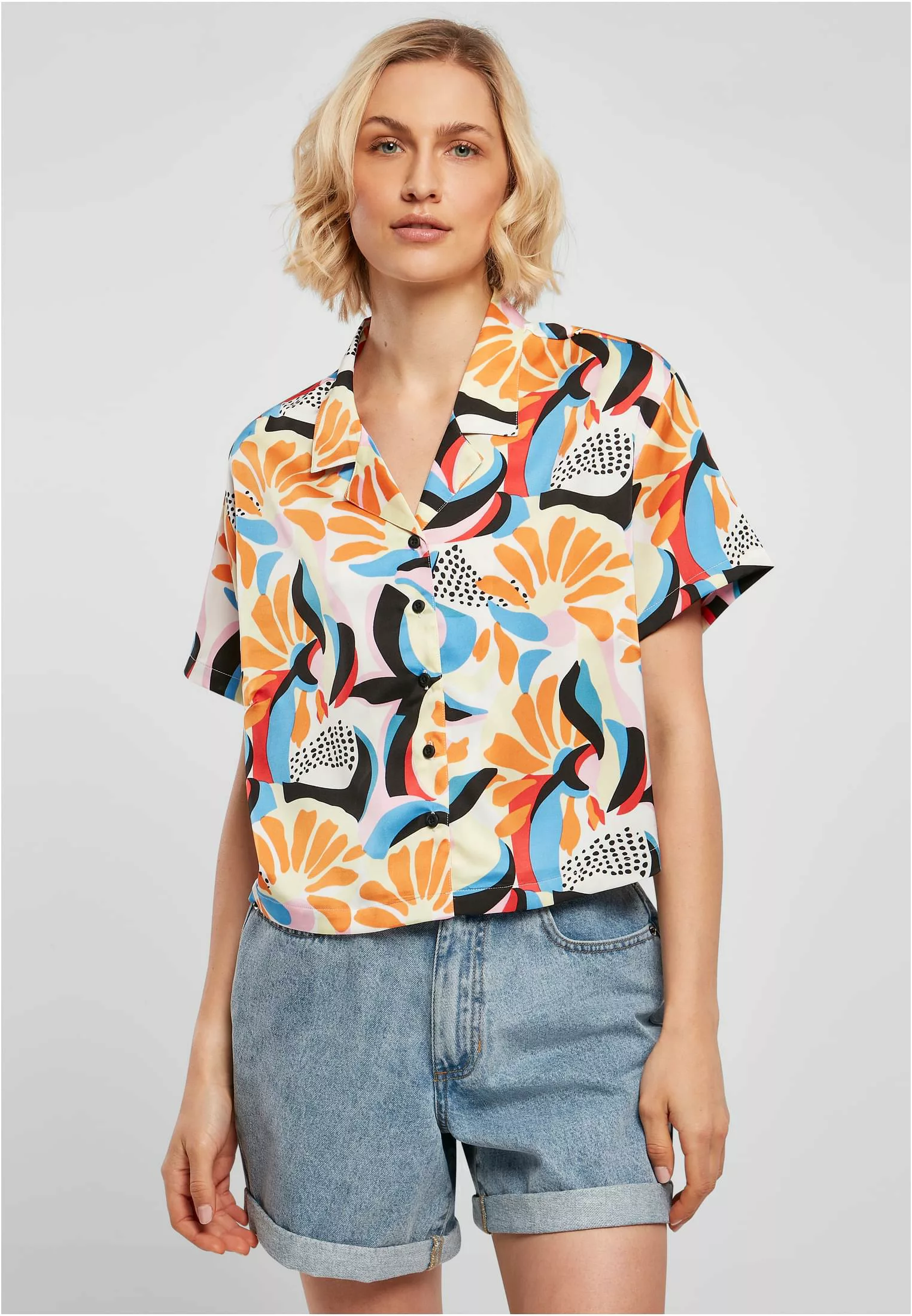 URBAN CLASSICS Klassische Bluse "Damen Ladies AOP Satin Resort Shirt" günstig online kaufen