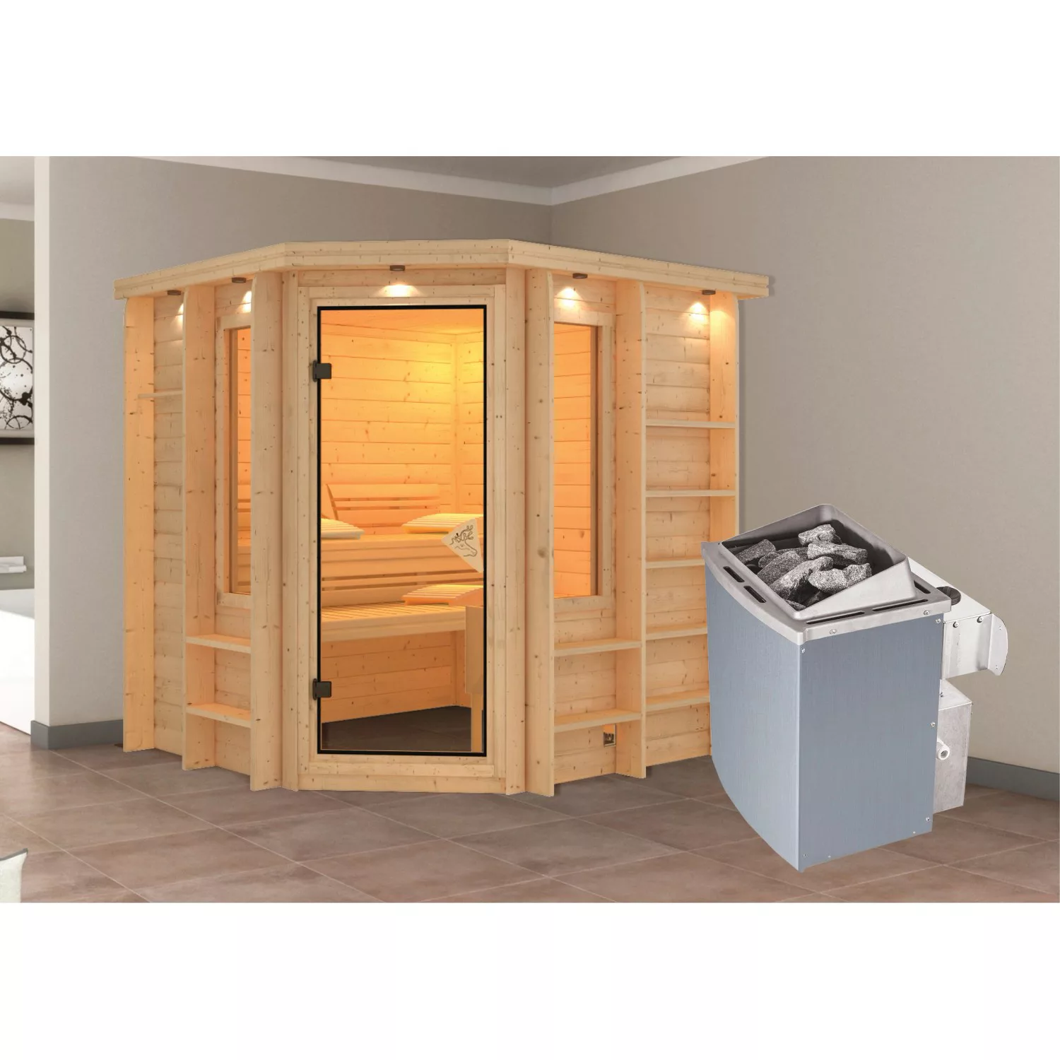 Karibu Sauna-Set Caya inkl. Ofen 9 kW mit integr. Steuerung, Dachkranz günstig online kaufen