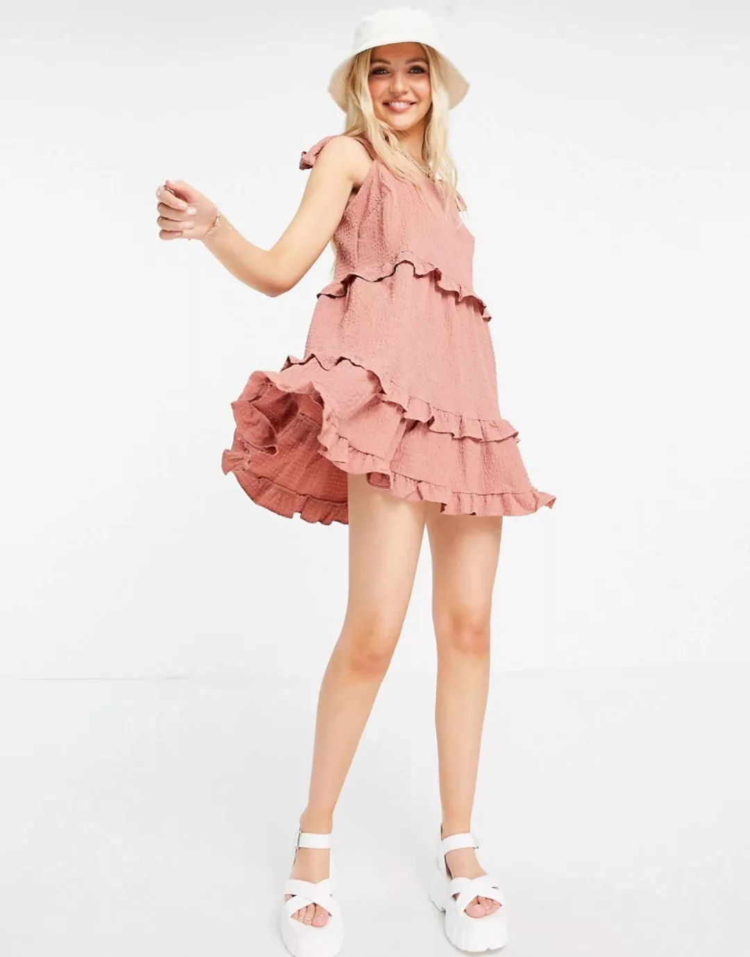 ASOS DESIGN – Strukturiertes, ausgestelltes Mini-Sommerkleid in Rosa mit Bi günstig online kaufen