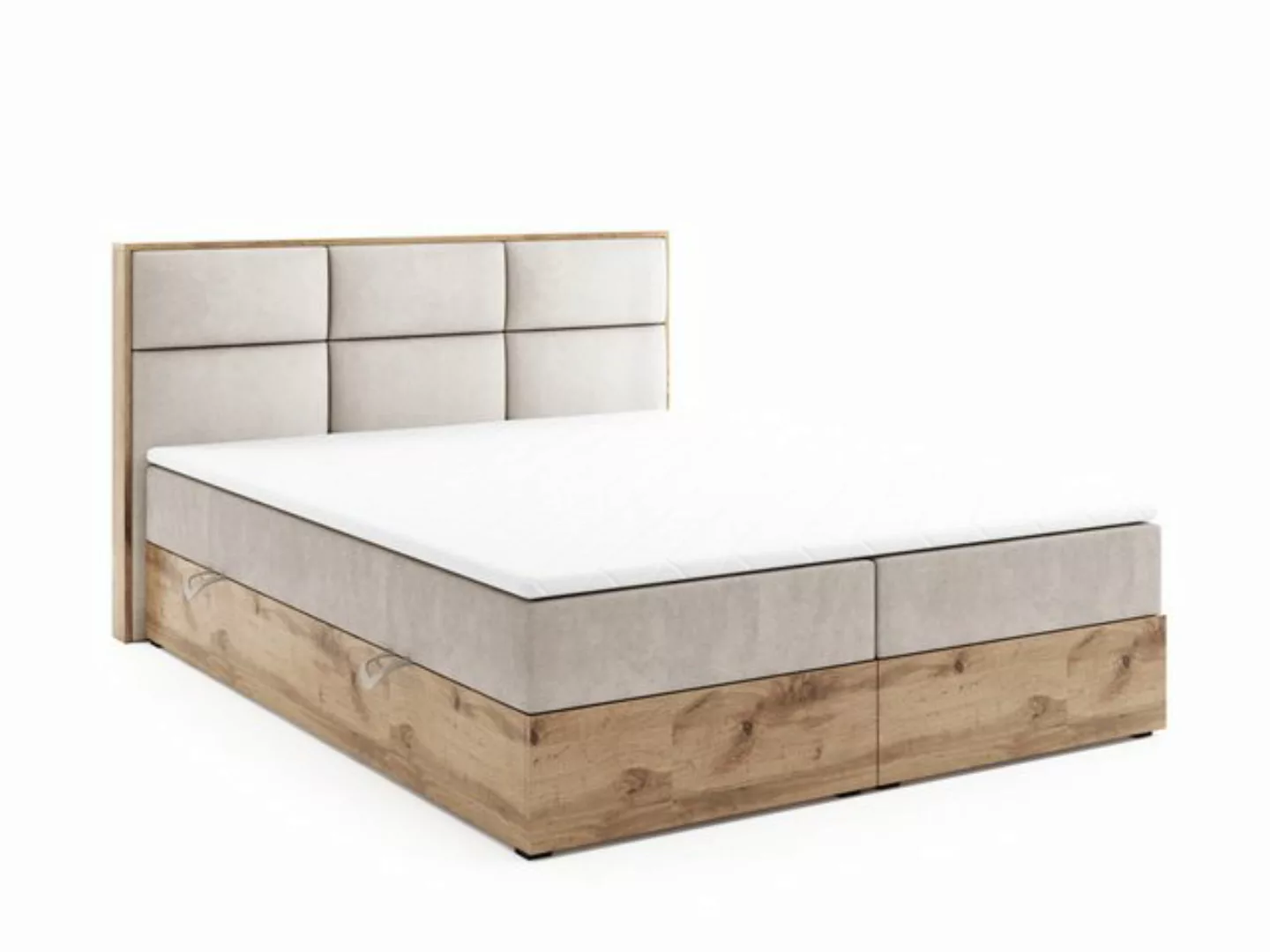 Labett Boxspringbett aus Holz im Loft-Stil & Kopfteil mit gepolsterten Pane günstig online kaufen