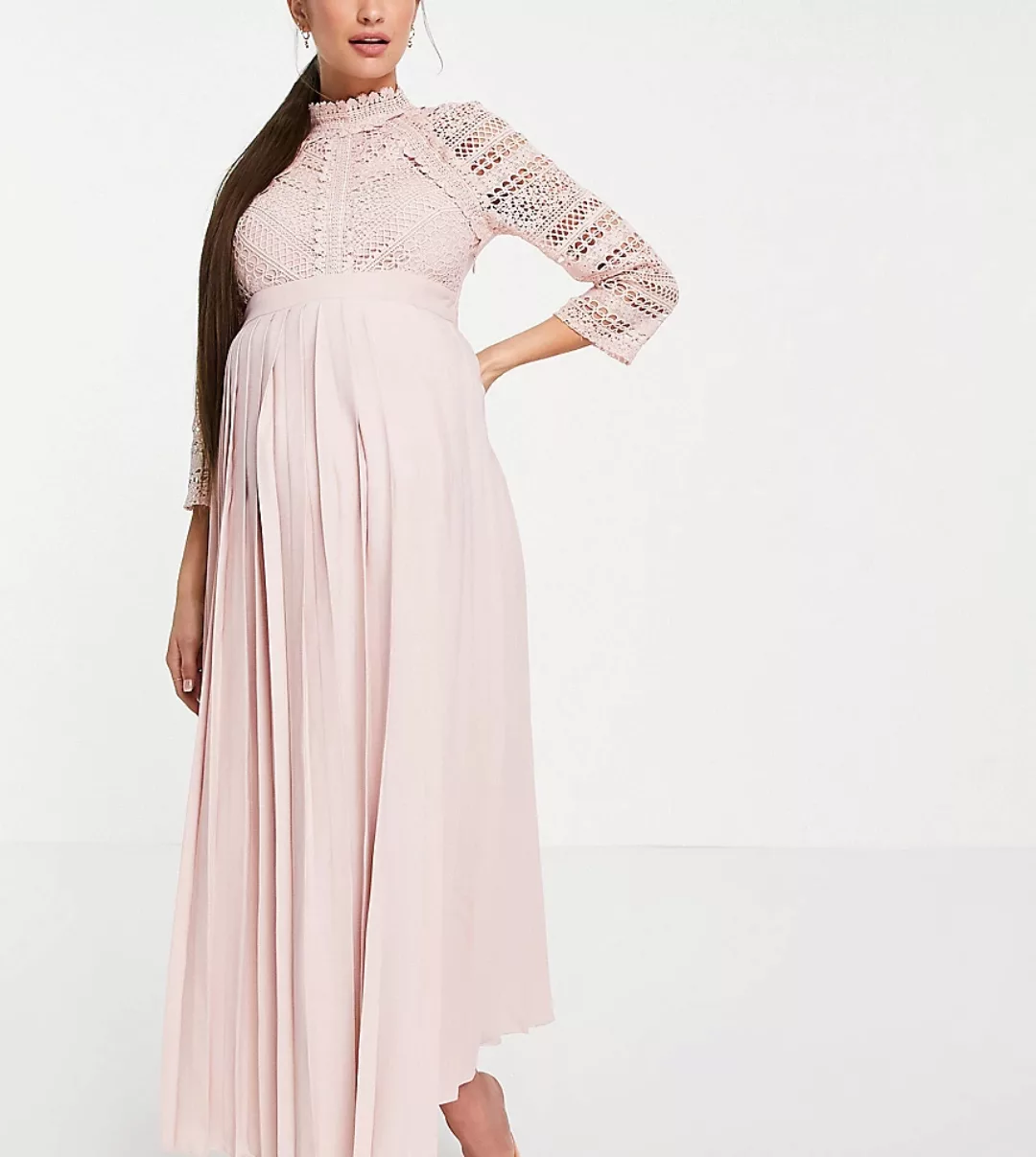 Little Mistress Maternity – Midaxi-Kleid in Rosé mit Spitzenbesatz-Rosa günstig online kaufen