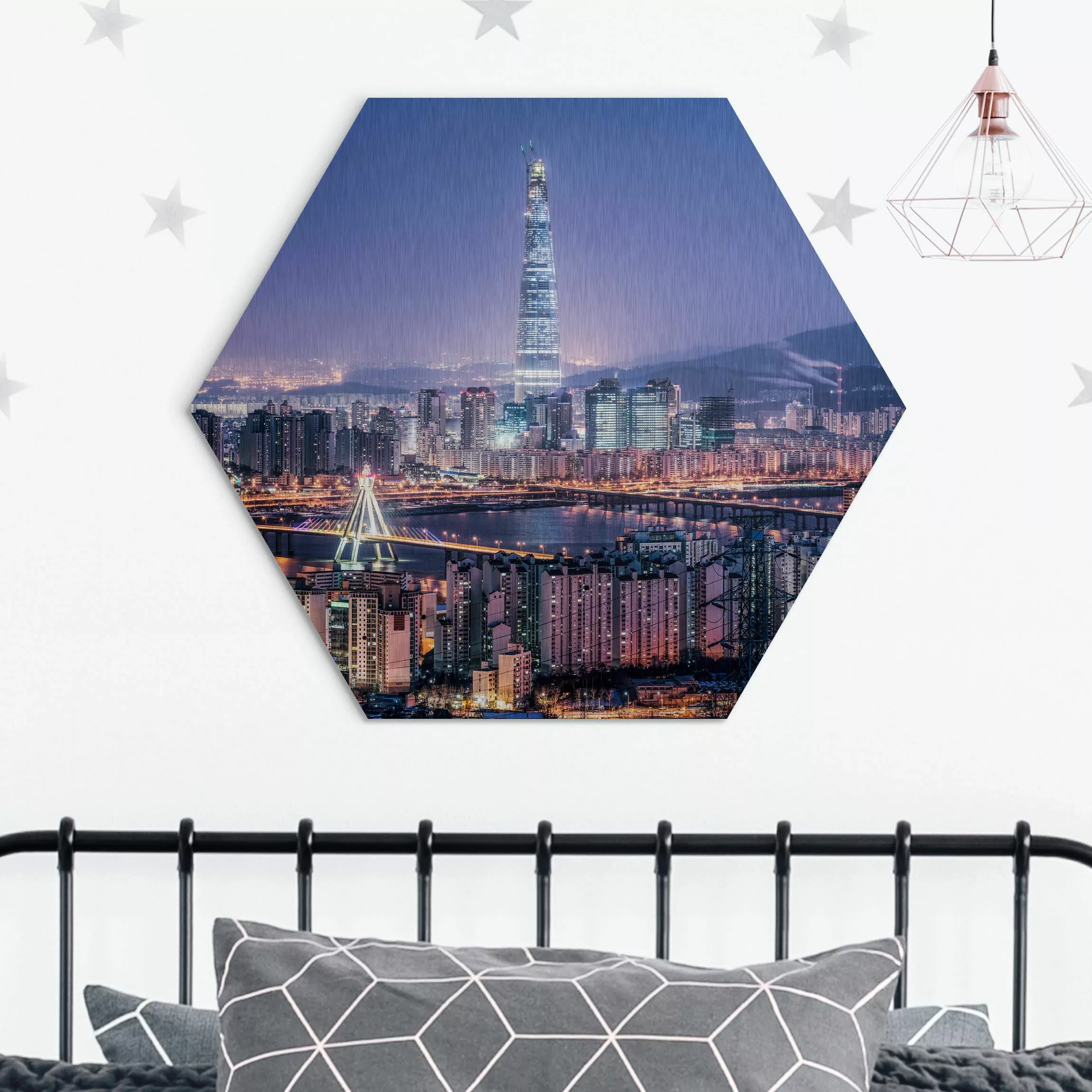 Hexagon-Alu-Dibond Bild Lotte World Tower bei Nacht günstig online kaufen