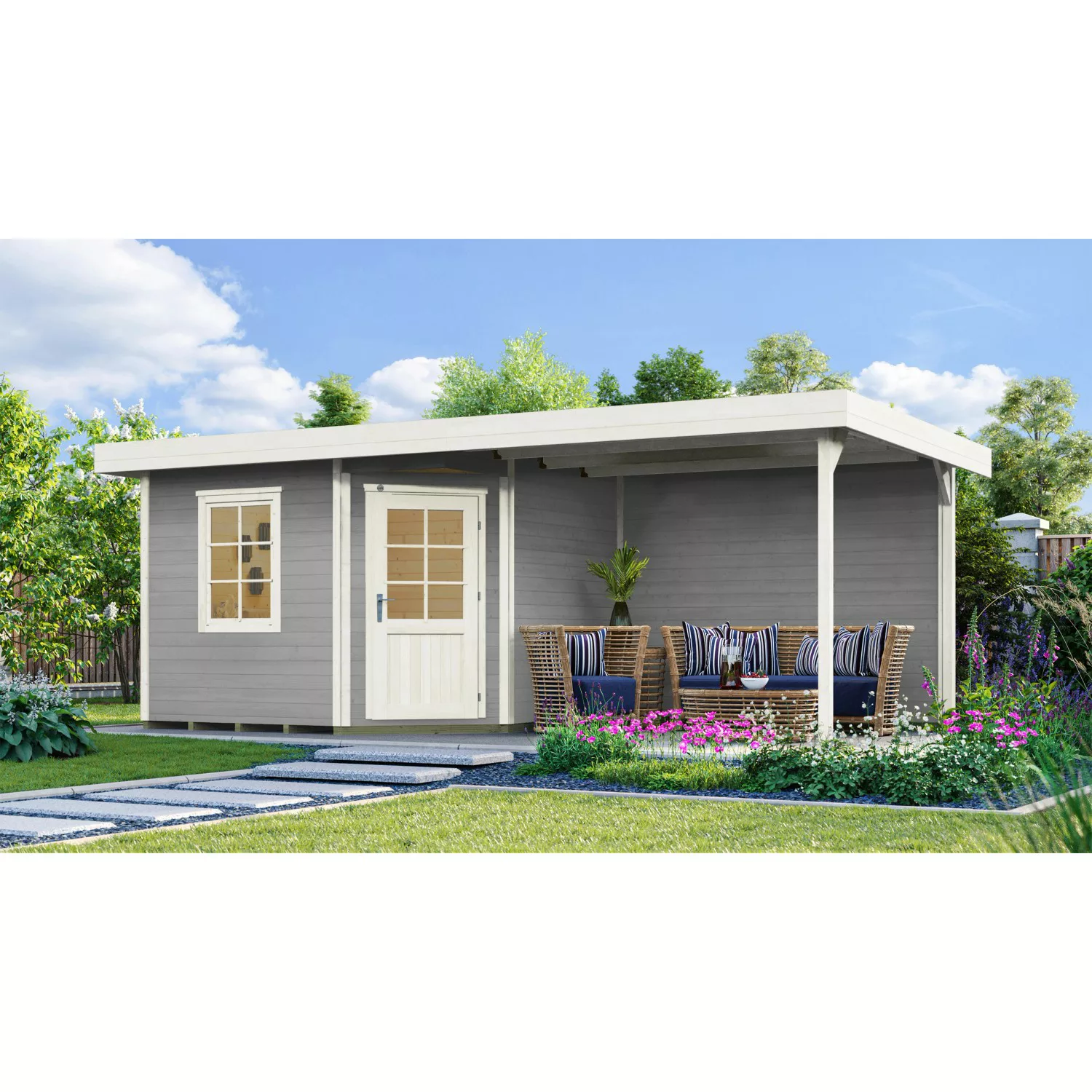 Weka Gartenhaus San Remo B Grau-Weiß BxT: 601 x 298 cm davon 303 cm Terrass günstig online kaufen