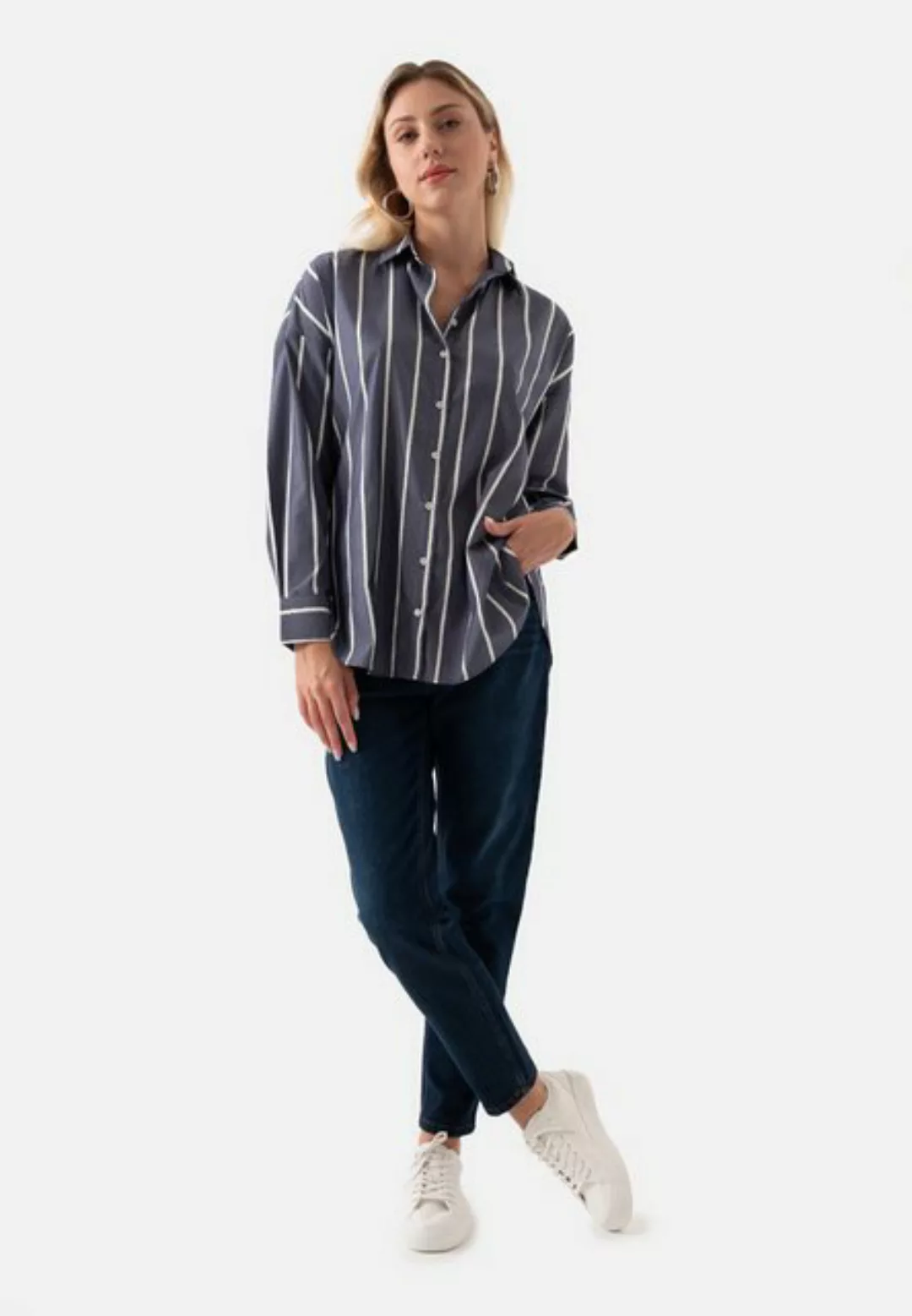Just Like You Langarmhemd Indigo gestreiftes Oversize-Damenhemd günstig online kaufen