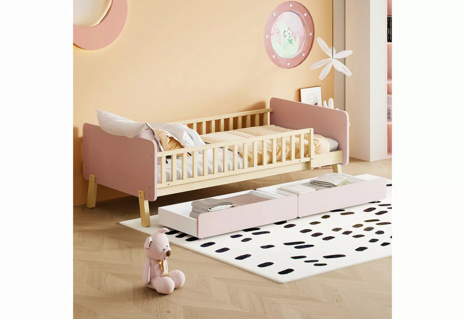 MODFU Kinderbett mit 2 Schubladen, Einzelbett aus Massivholz mit Lattenrost günstig online kaufen