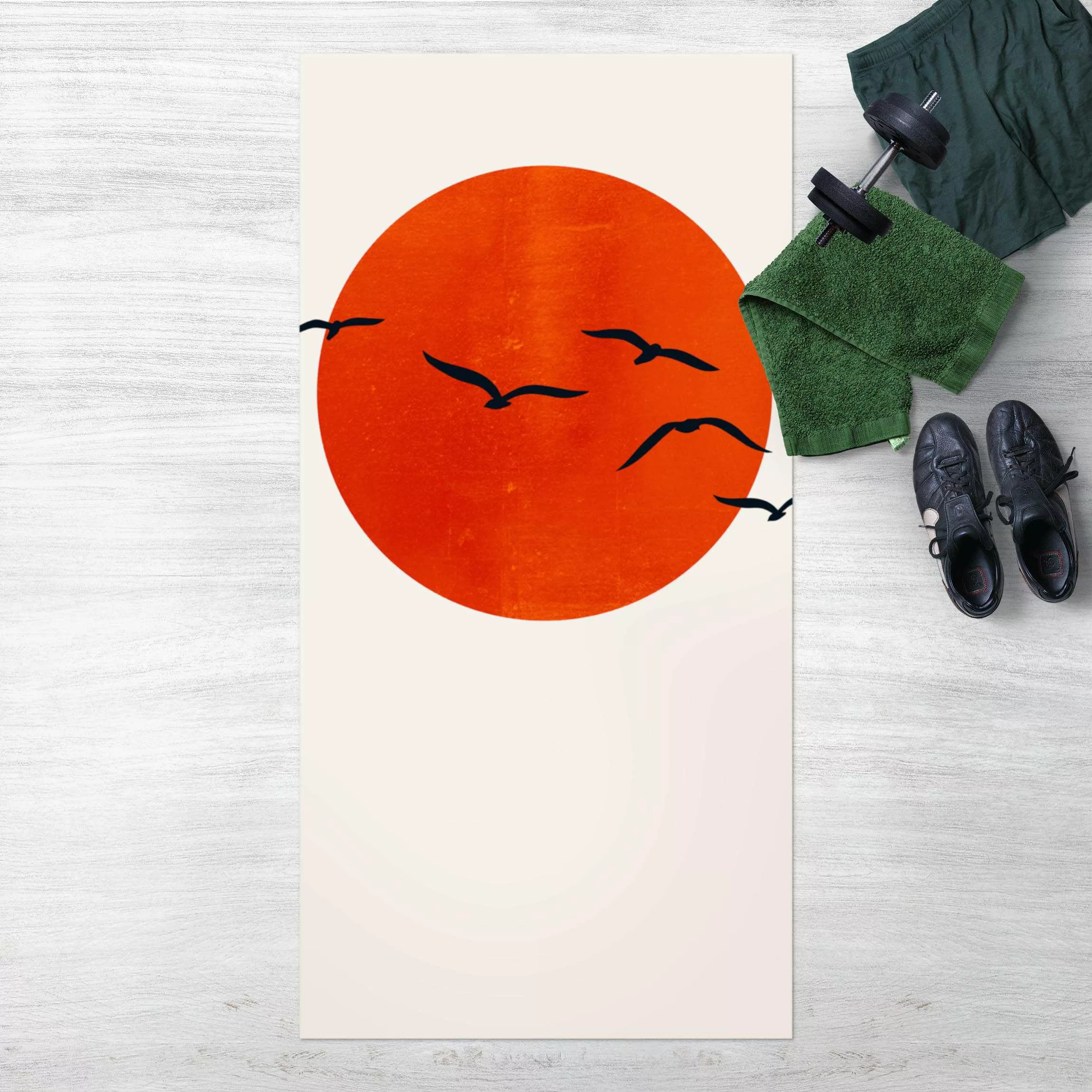Vinyl-Teppich Vogelschwarm vor roter Sonne I günstig online kaufen