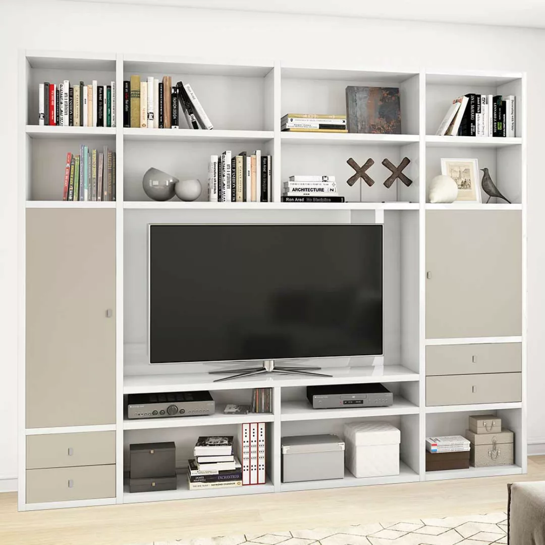 TV Regalwand mit Türen und Schubladen Weiß Hochglanz und Beige günstig online kaufen