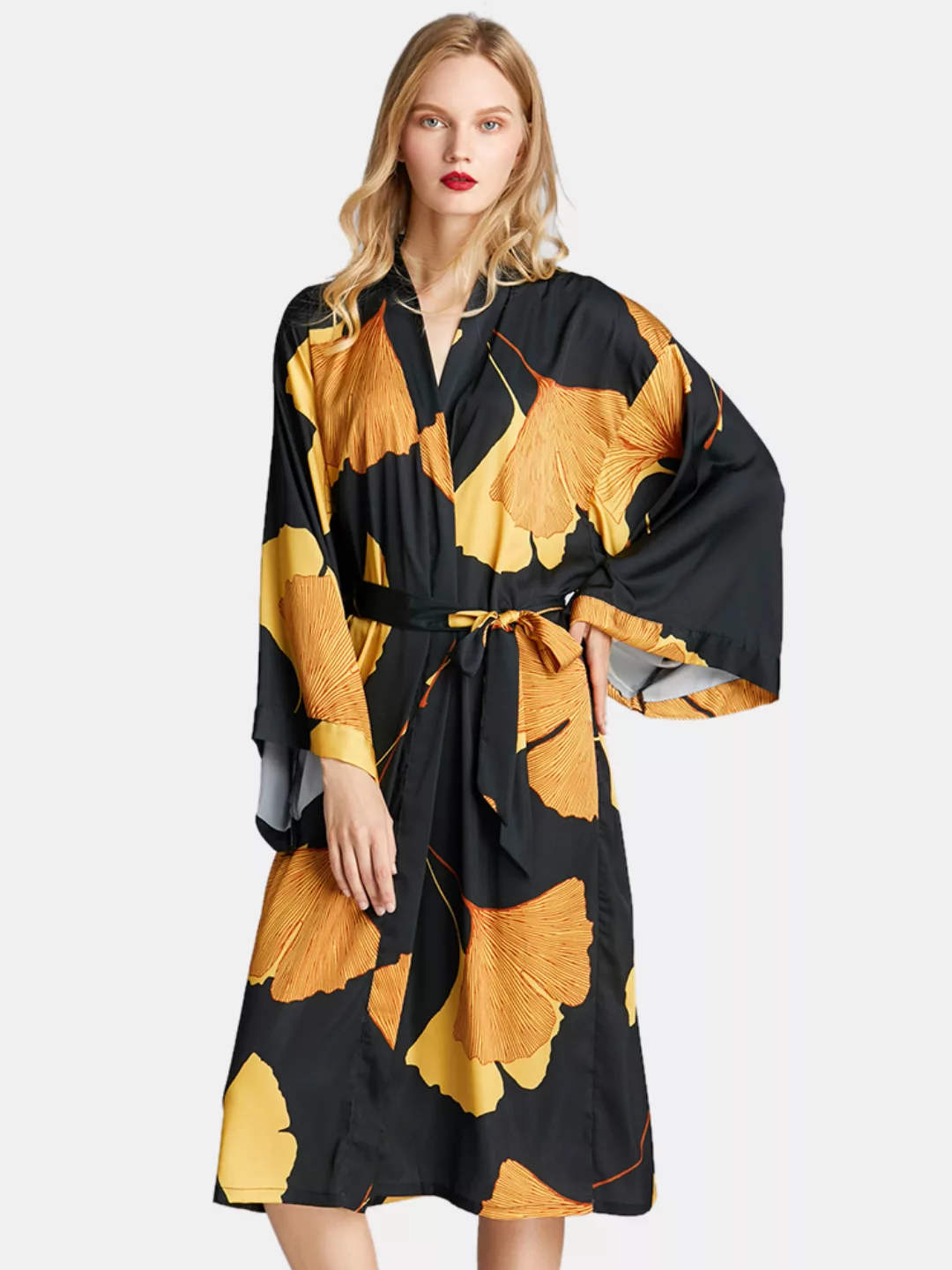 Plus Größe Damen Pyjamas Seide Robe Ginkgo Biloba Print Lässige elegante Na günstig online kaufen