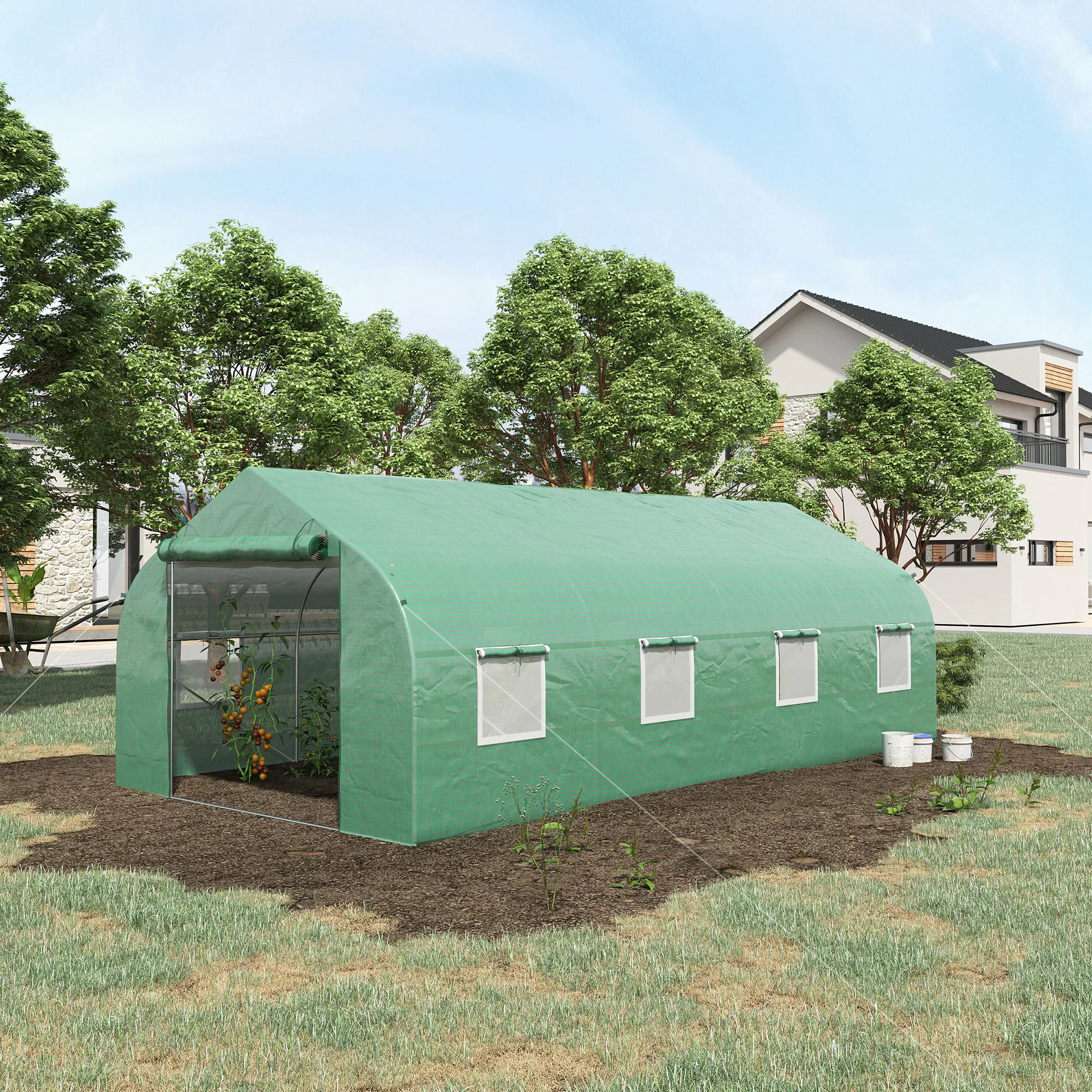 Outsunny Garten-Tunnelgewächshaus 600 x 300 x 200 cm Tür + 8 aufrollbare Fe günstig online kaufen