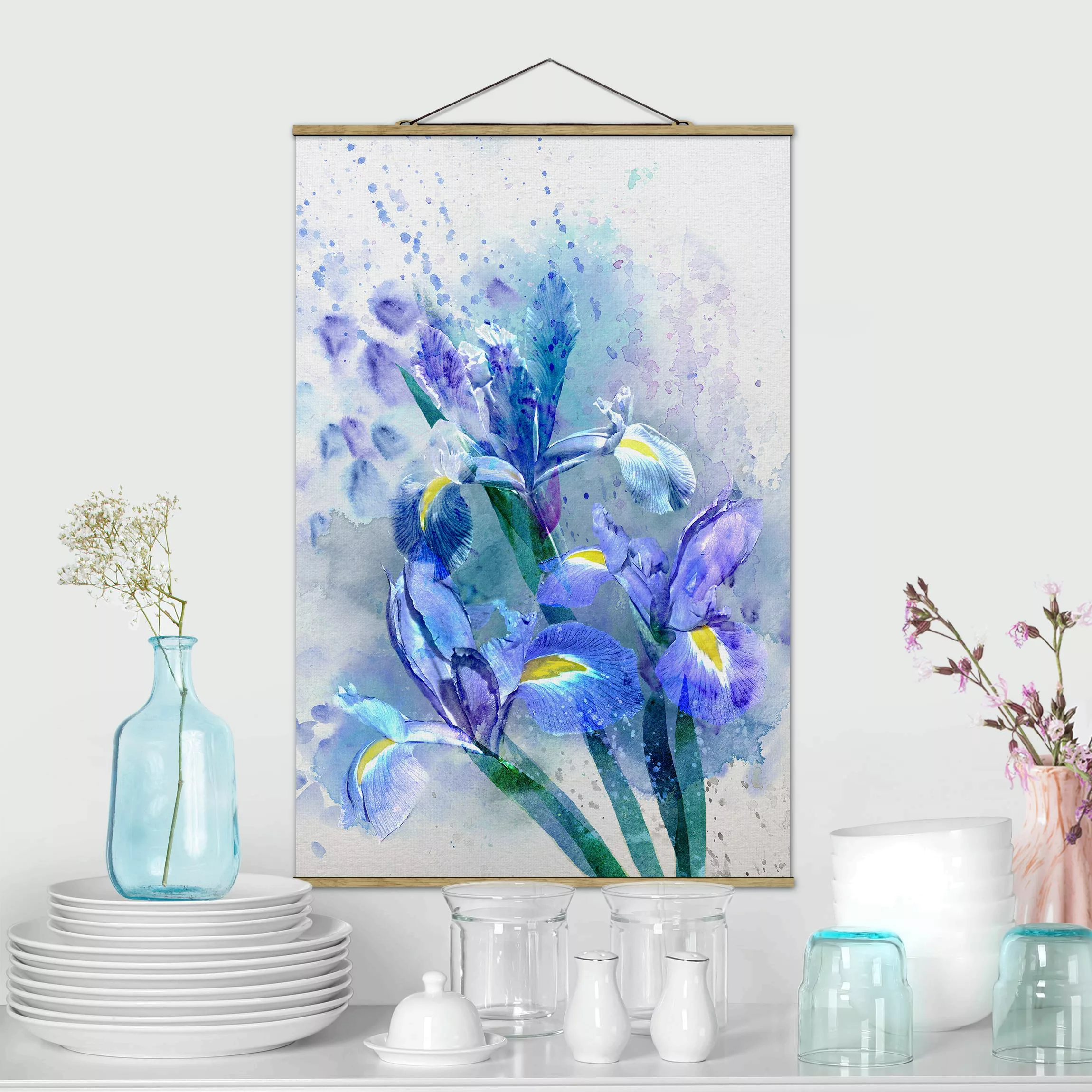 Stoffbild Blumen mit Posterleisten - Hochformat Aquarell Blumen Iris günstig online kaufen