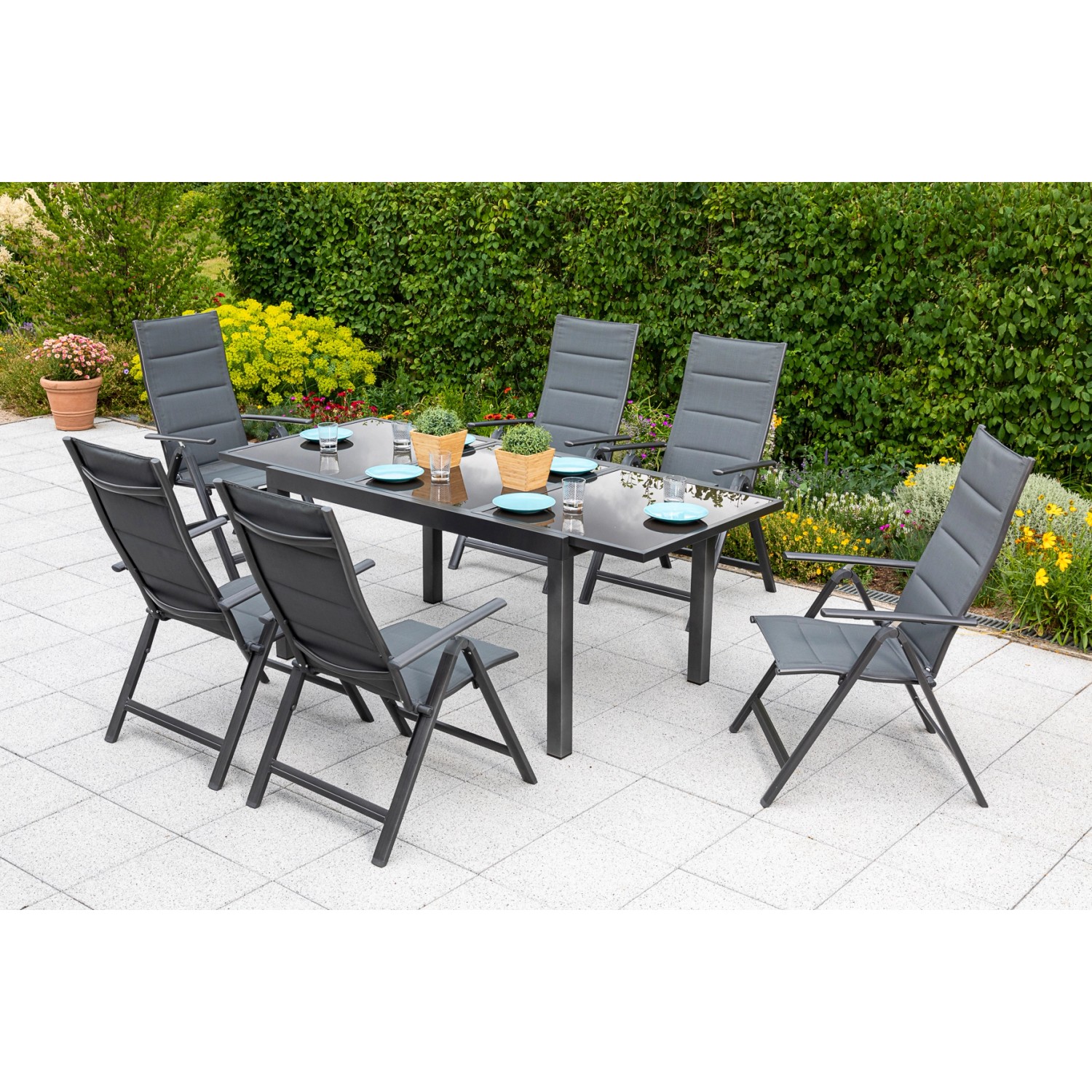 Merxx Taviano Set 7-tlg. 6 Klappsessel Gartentisch 140 (200) x 90 cm Grau günstig online kaufen