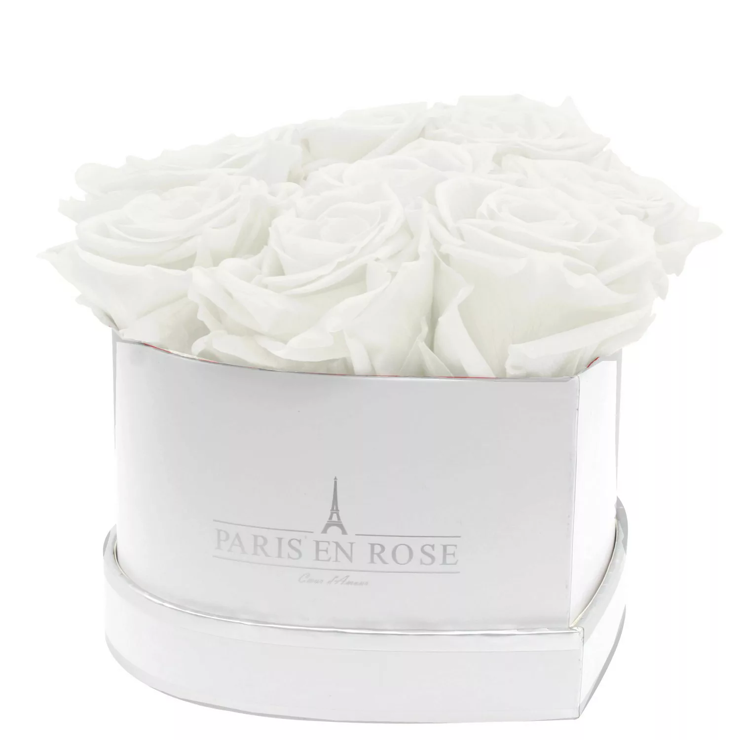 Rosenbox Herz Weiß-Silber mit 8 Weiße Rosen günstig online kaufen