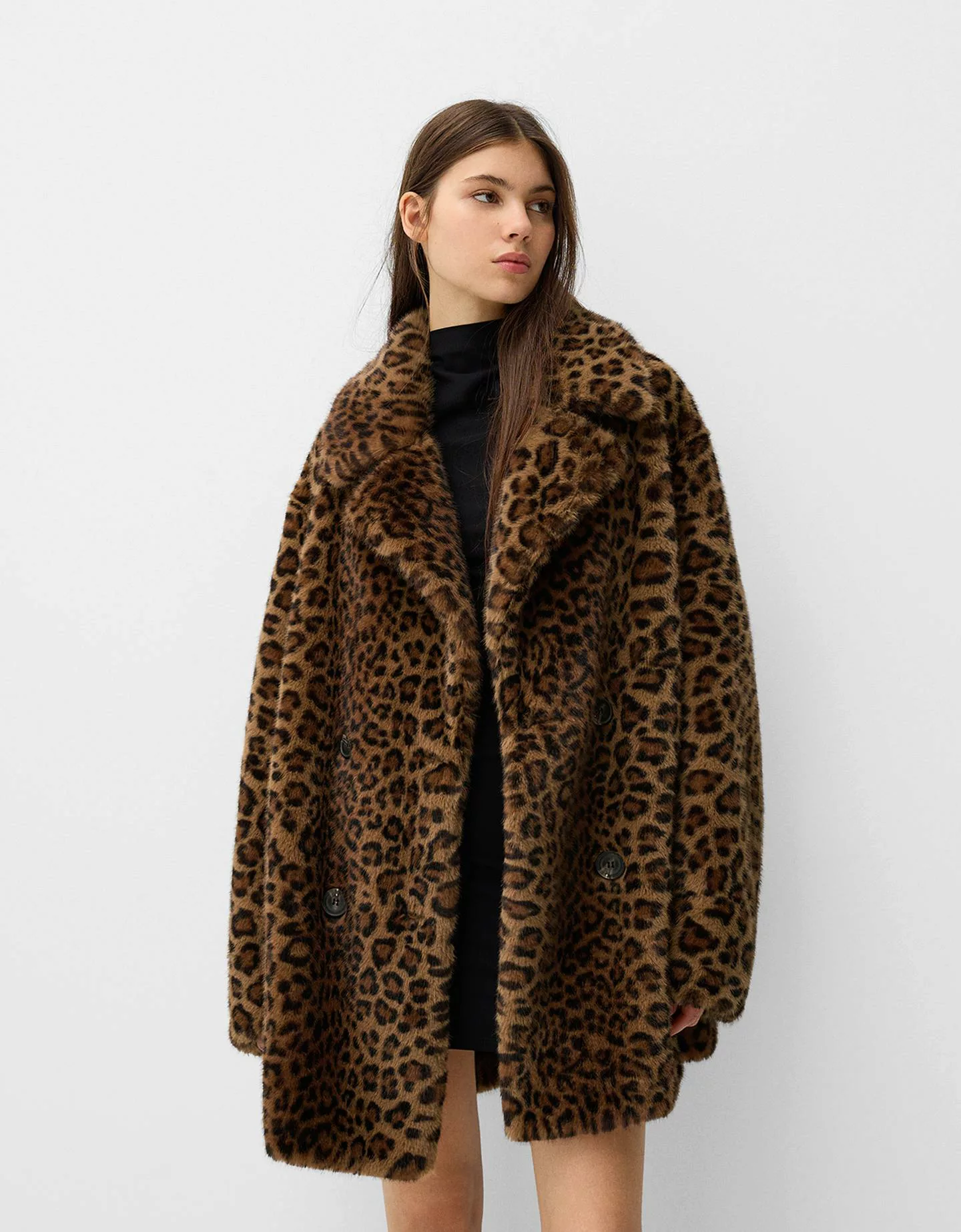 Bershka Mantel Aus Kunstfell Mit Animalprint Damen L Braun günstig online kaufen