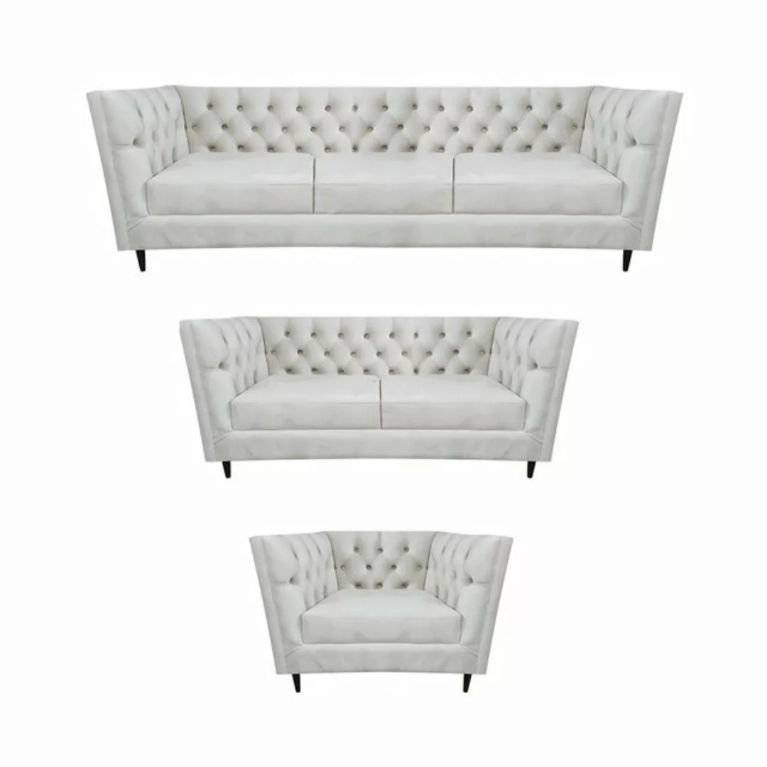 JVmoebel Chesterfield-Sofa Design Komplett Weiß Möbel Wohnzimmer Set 3tlg L günstig online kaufen