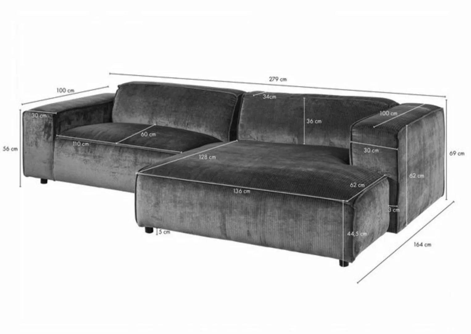 Massivmoebel24 Ecksofa 279x164x69 Cord taupe VALENCIA günstig online kaufen