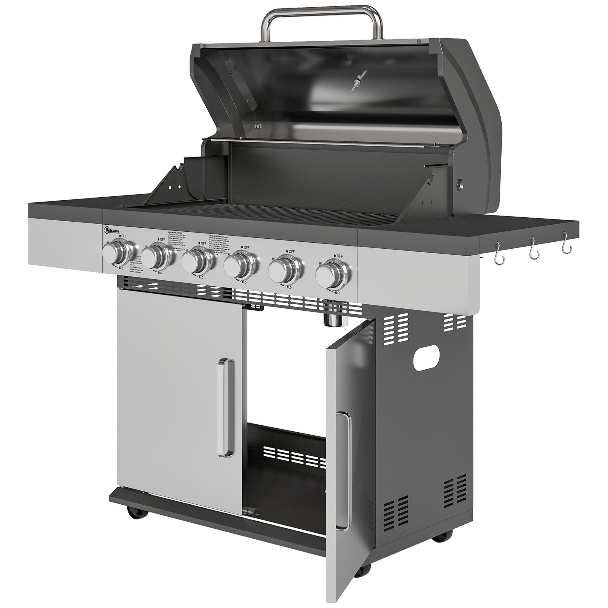 Outsunny Gasgrill 8500BTU Grillwagen inkl 6 Edelstahl-Brenner Rolle Thermom günstig online kaufen