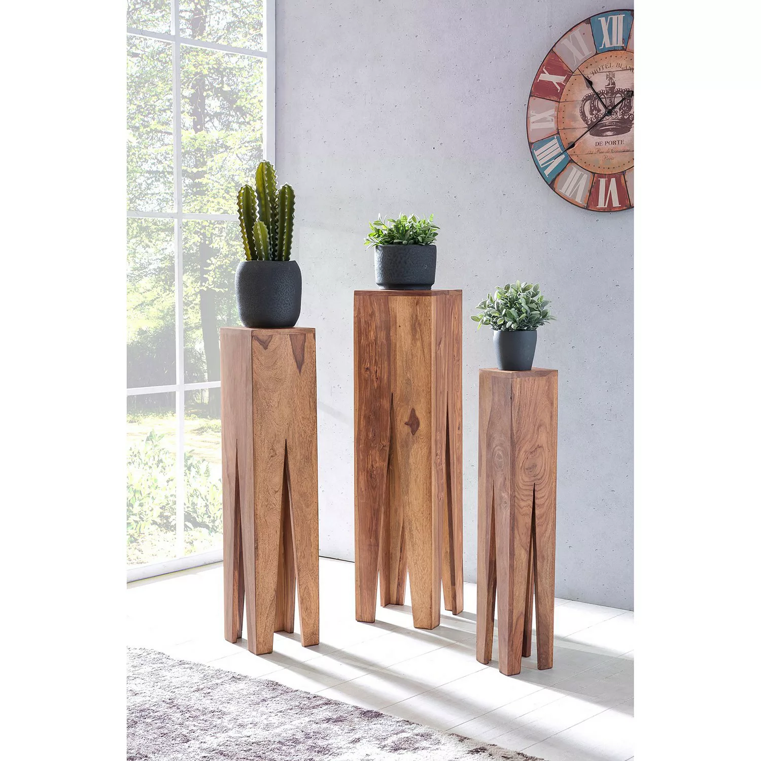 Beistelltisch 3er Set Massivholz Akazie Wohnzimmer-Tisch Design Säulen Land günstig online kaufen