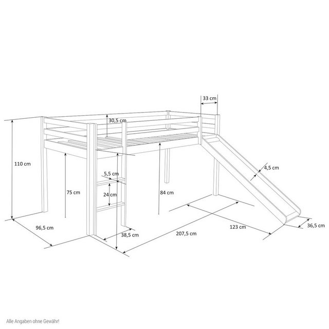 Homestyle4u Hochbett 90x200 cm Weiß mit Vorhang Sterne Grau für 1 Kind Kief günstig online kaufen