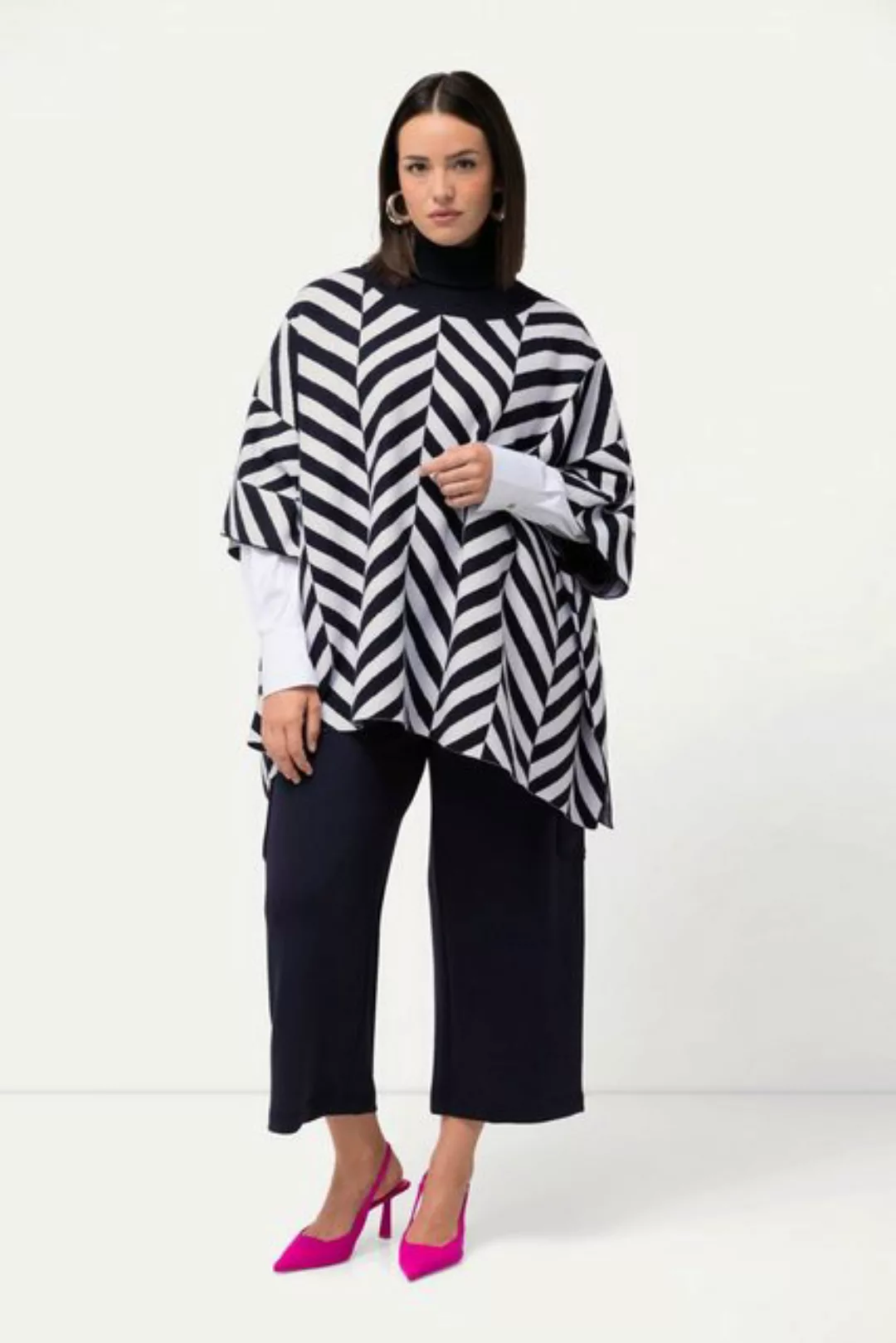 Ulla Popken Pullunder Strick-Cape Jacquard Rollkragen Poncho günstig online kaufen