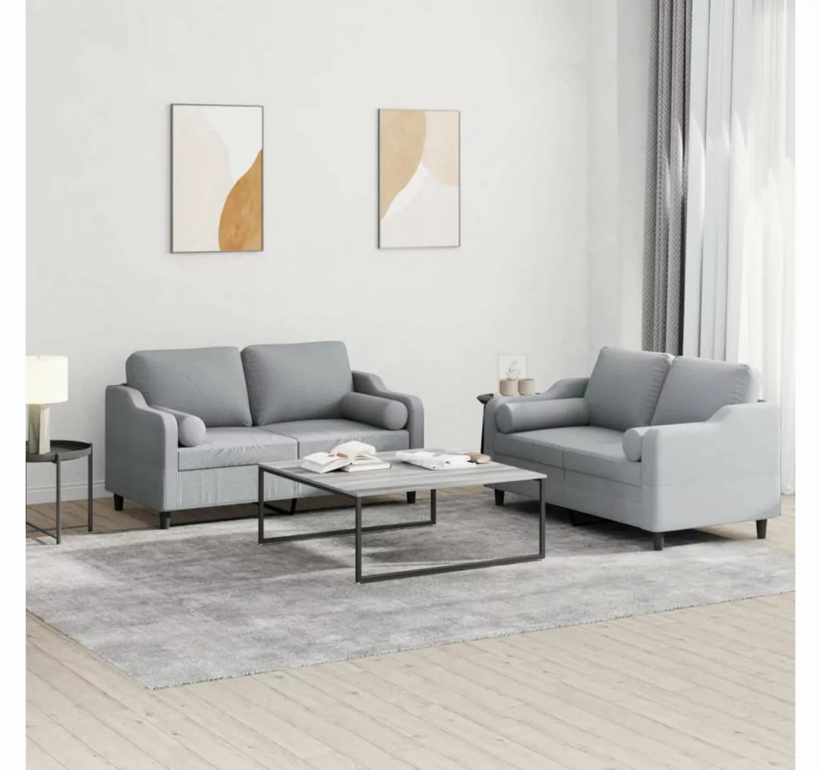 vidaXL Sofa Sofagarnitur Set mit Kissen Stoff, 2-tlg., Hellgrau günstig online kaufen