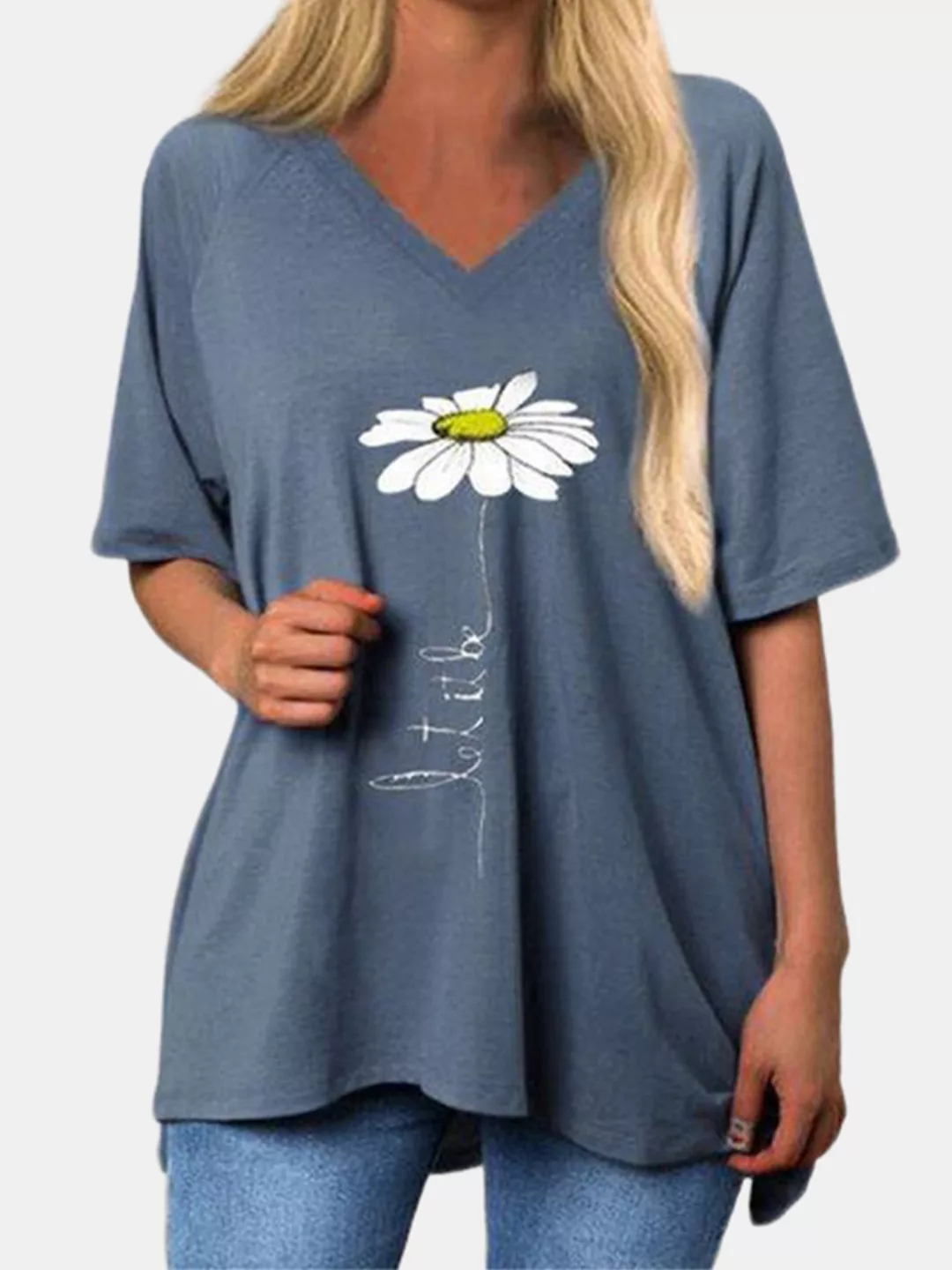 Daisy Floral Printed Kurzarm T-Shirt mit V-Ausschnitt und V-Ausschnitt günstig online kaufen