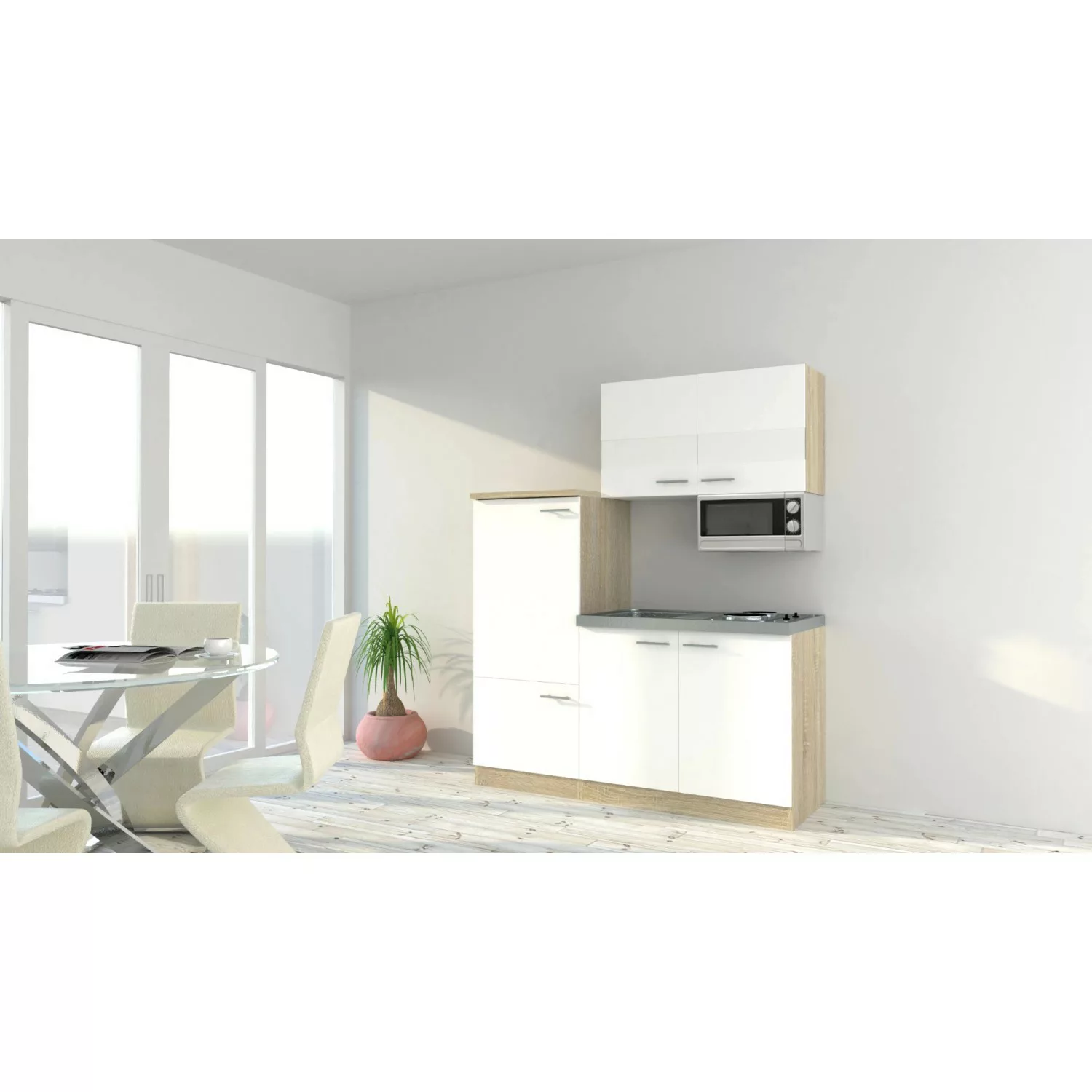 Respekta Miniküche KB160ESWMI 160 cm Weiß-Eiche Sonoma Nachbildung Mikrowel günstig online kaufen