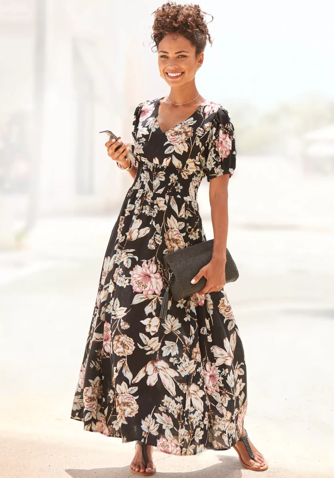 LASCANA Maxikleid, mit Blumendruck und leichten Puffärmeln, Sommerkleid, ca günstig online kaufen